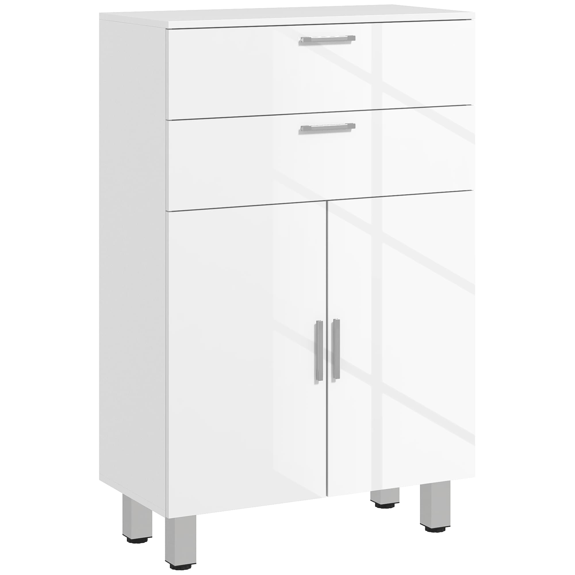 kleankin Meuble de salle de bain avec 2 tiroirs placard à double porte et étagères réglables 60 x 30 x 93 cm blanc brillant