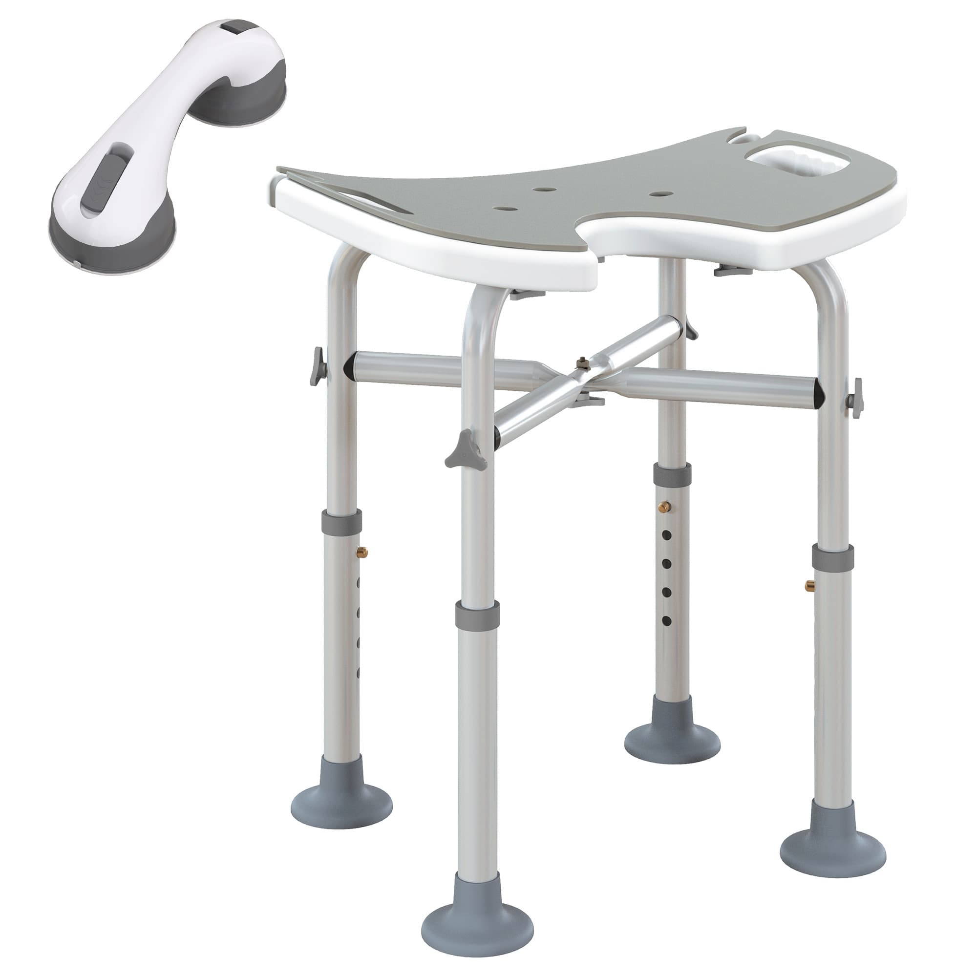 HOMCOM Tabouret de douche siège de douche hauteur ajustable 39-51,5 cm barre d'appui à ventouse patins à ventouse gris