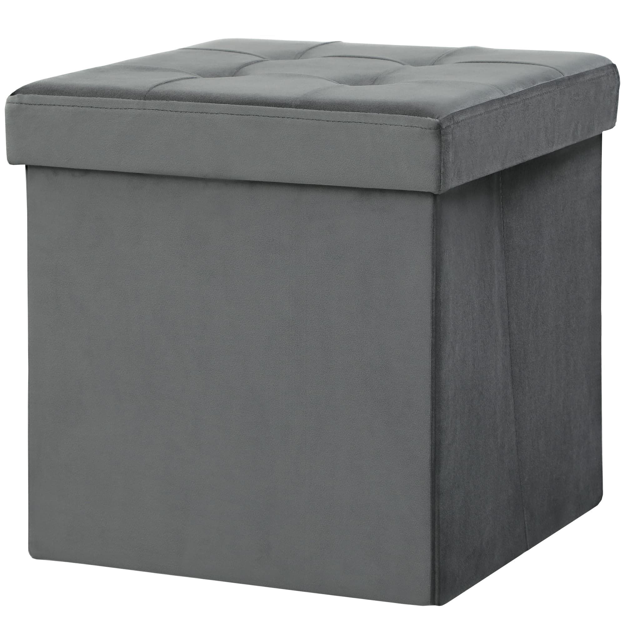 HOMCOM Banc coffre rangement pliable, tabouret carré 37,6 L en tissu velours, charge 120 Kg, 38 x 38 x 38 cm, gris