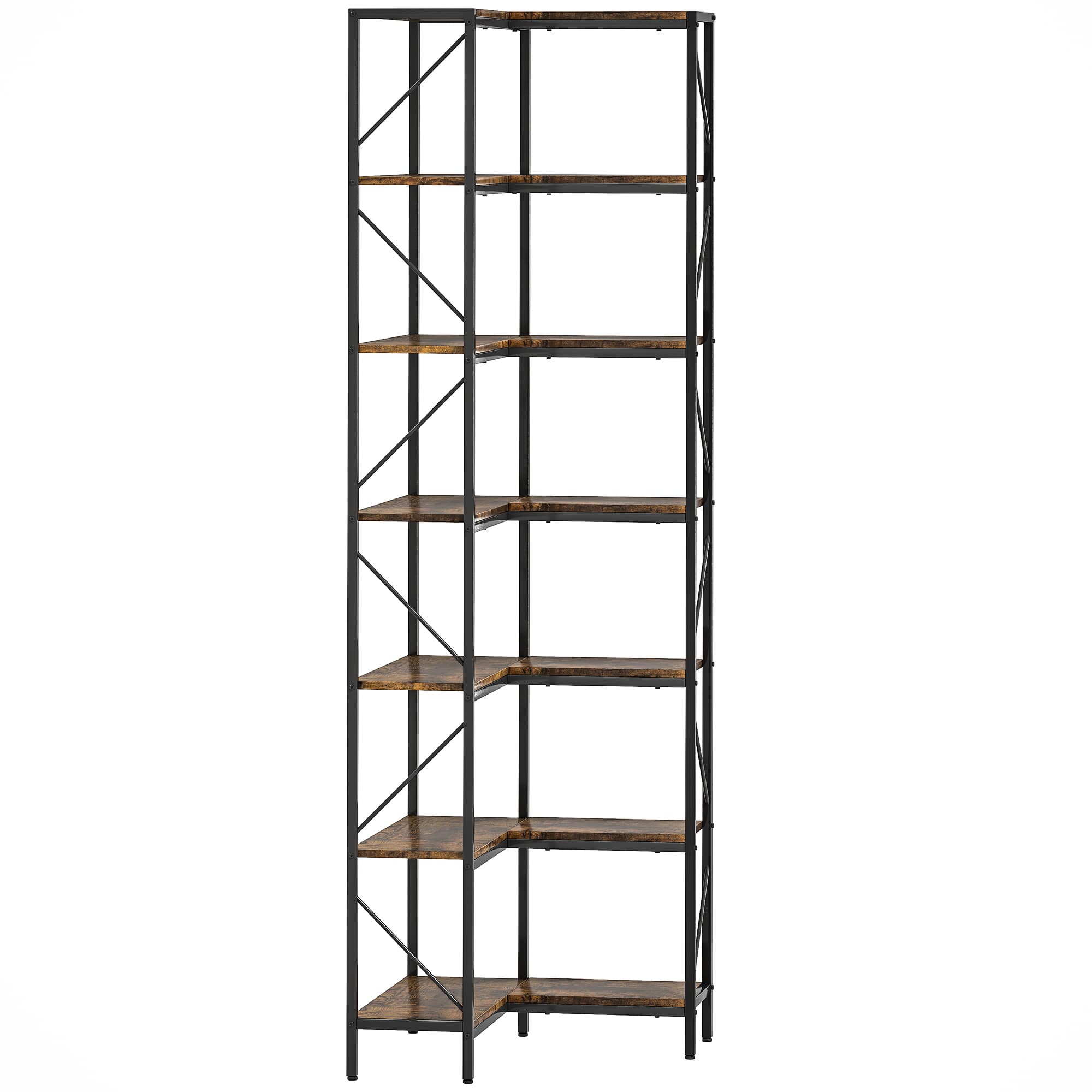 HOMCOM Bibliothèque d'angle à 7 niveaux industriel avec étagères de rangement, 60 x 60 x 198 cm, brun rustique