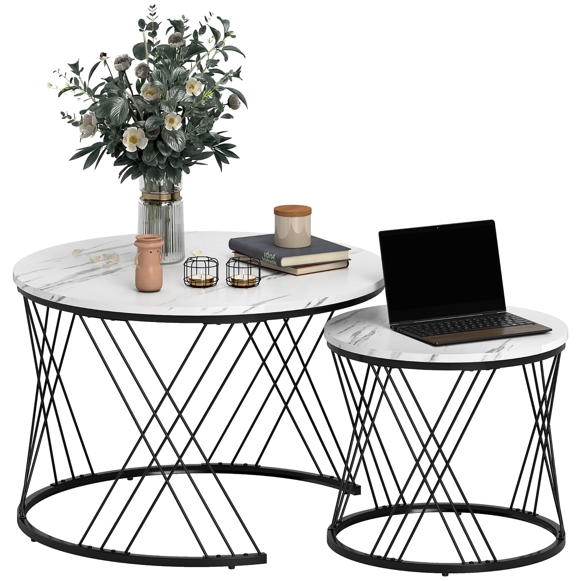 HOMCOM Ensemble de 2 tables basses avec effet marbre, panneau de particules, métal, tables basses rondes pour salon, gigogne, blanc