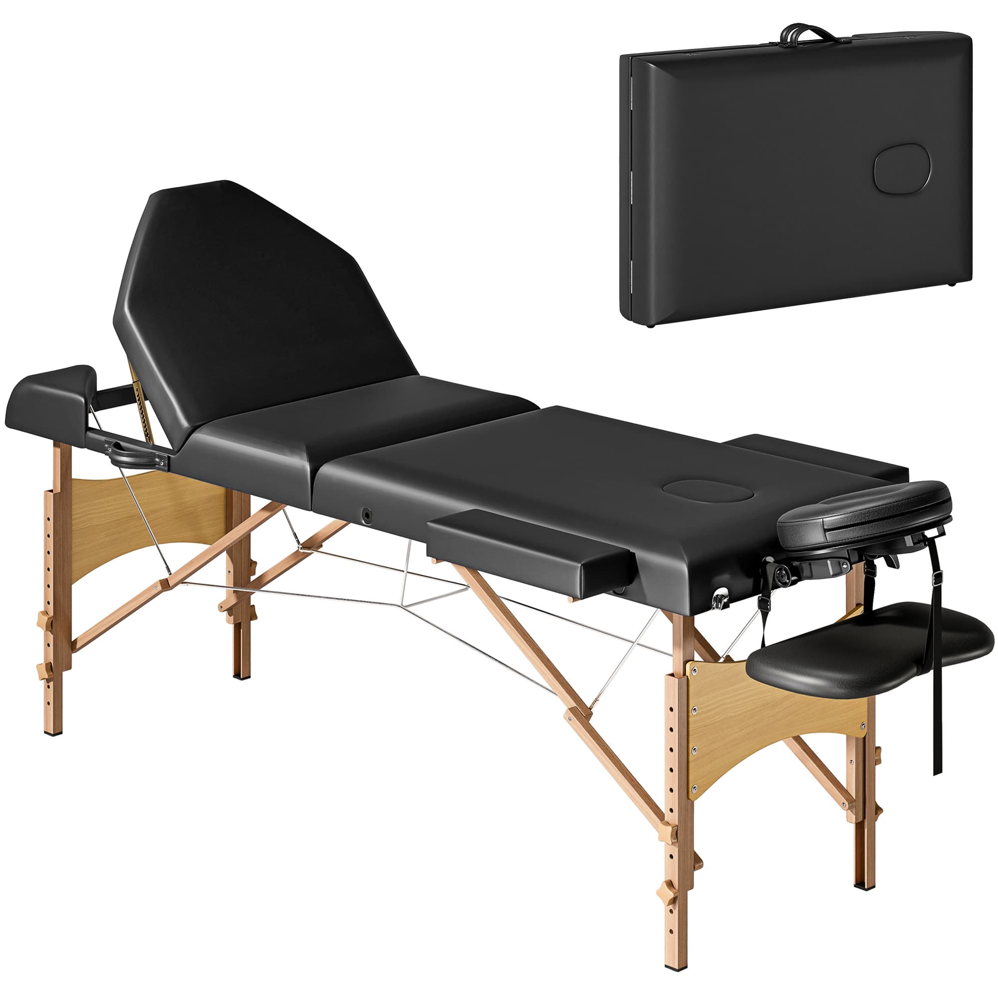 HOMCOM Table de Massage Pliante en Bois 3 Zones avec Hauteur Réglable Appui-Tête Accoudoirs 215x60x64-89 cm Noir