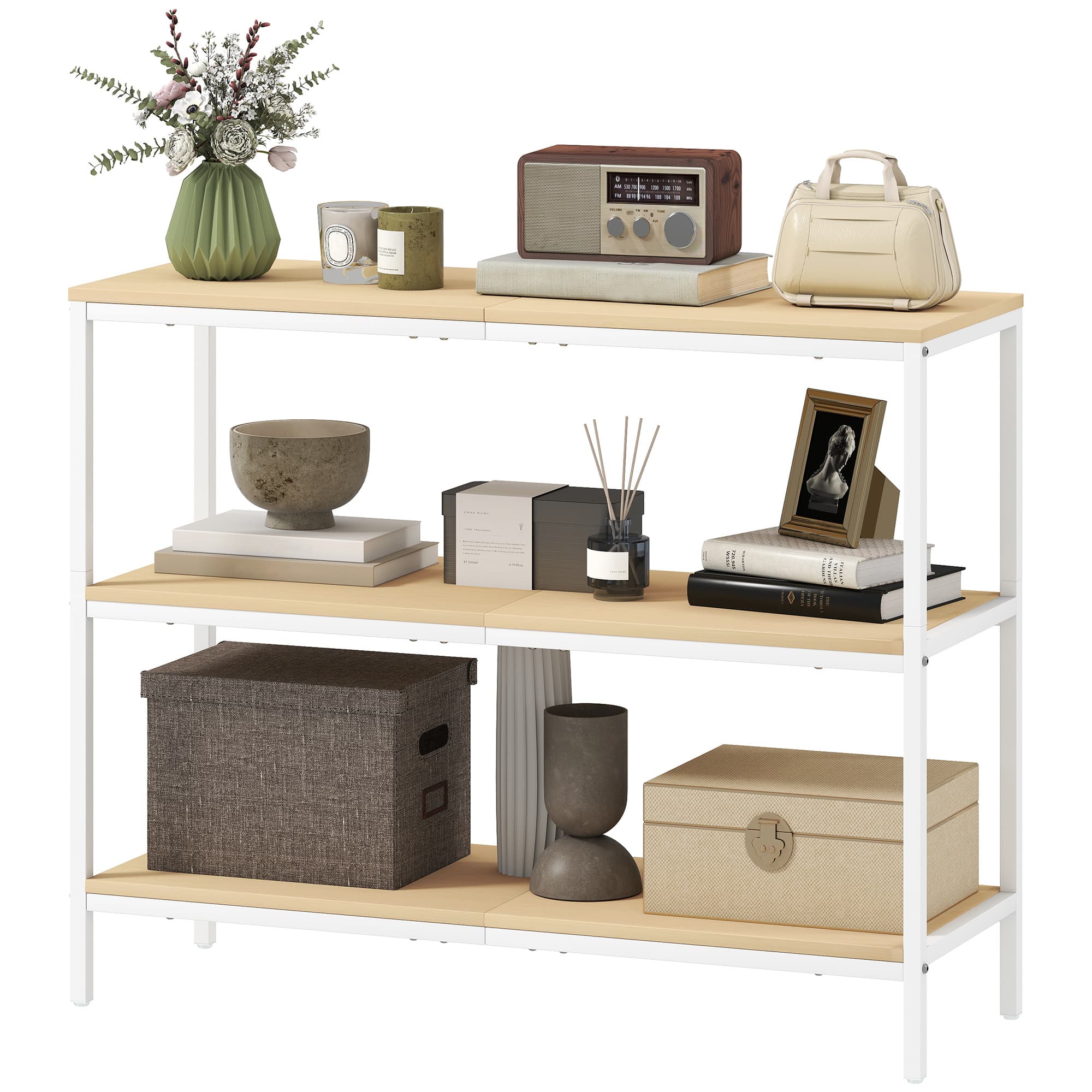 HOMCOM Console d'Entrée avec 3 Étagères Ouvertes et Pieds en Métal pour Couloir Entrée Salon Chambre Naturel et Blanc