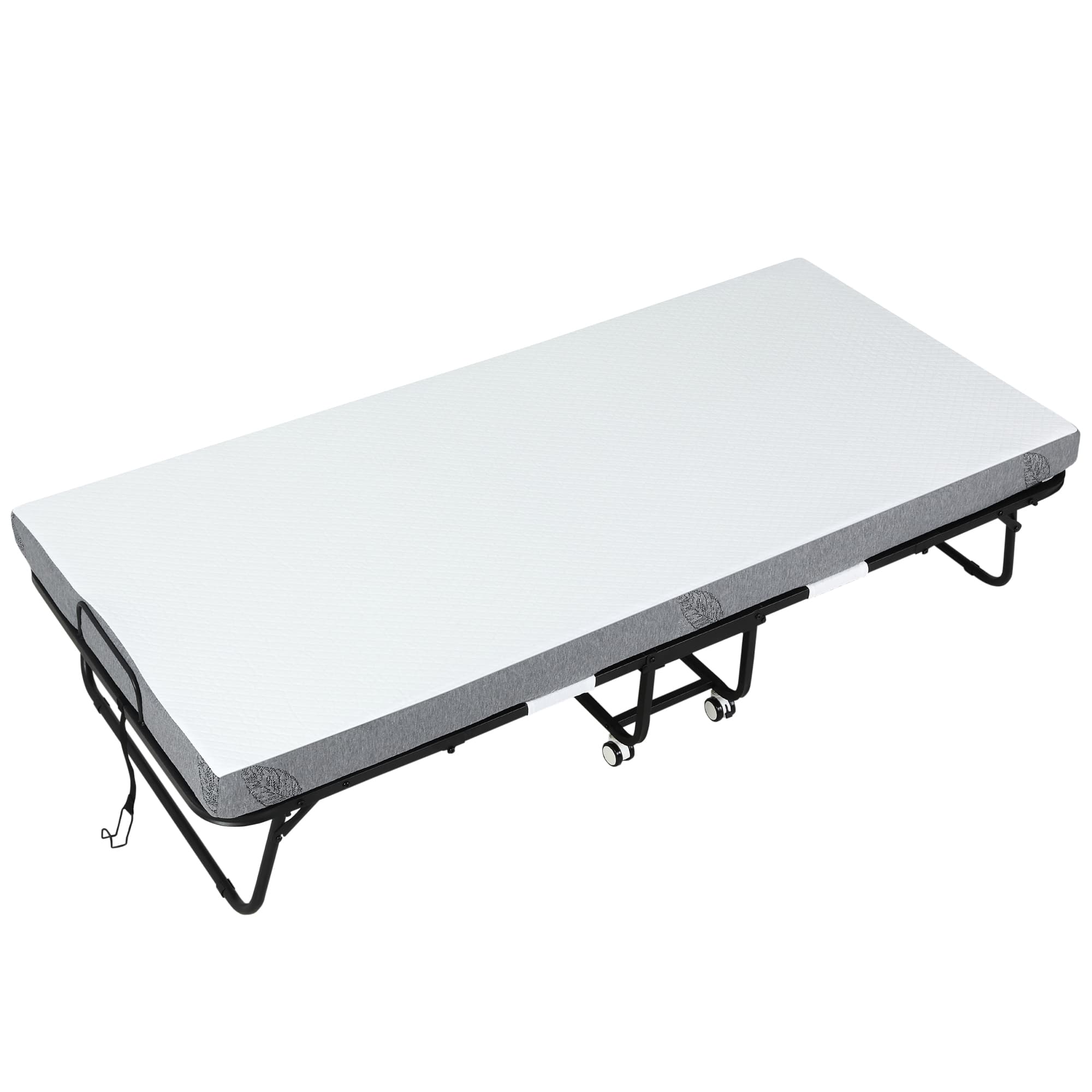 HOMCOM Lit d'appoint, Lit pliant, Lit de voyage avec roulettes, Matelas, Acier, Blanc+Noir