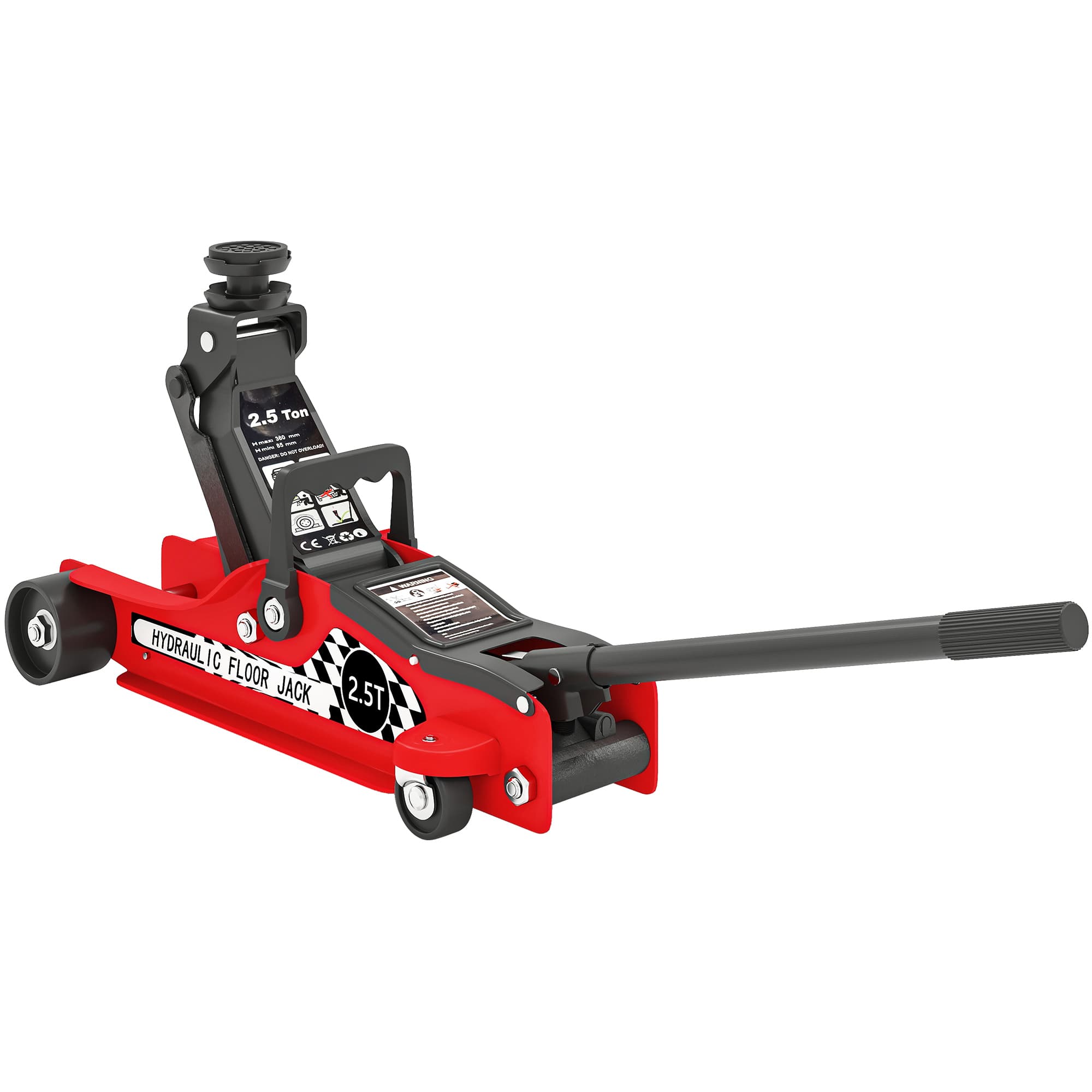 HOMCOM Cric hydraulique, cric de manœuvre extra plat charge max 2500 kg, plage de levage 80-360 mm, 53 x 20,5 x 17,5 cm, rouge