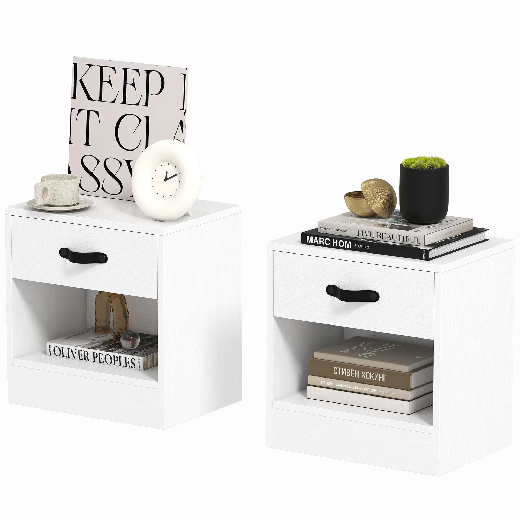 HOMCOM Pack de 2 Tables de Chevet avec Tiroir et Compartiment Ouvert pour Salon 39x28x41 cm Blanc