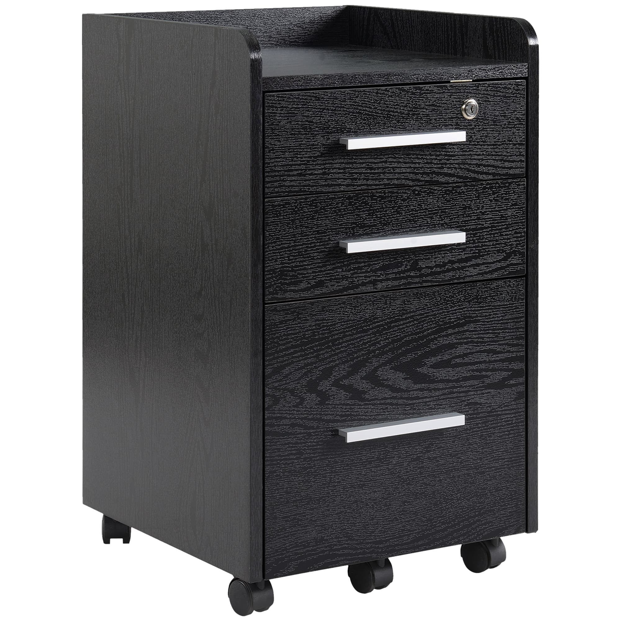HOMCOM Caisson de bureau rangement bureau sur roulettes 3 tiroirs 1 verrouillable 1 trieur dossiers en bois noir