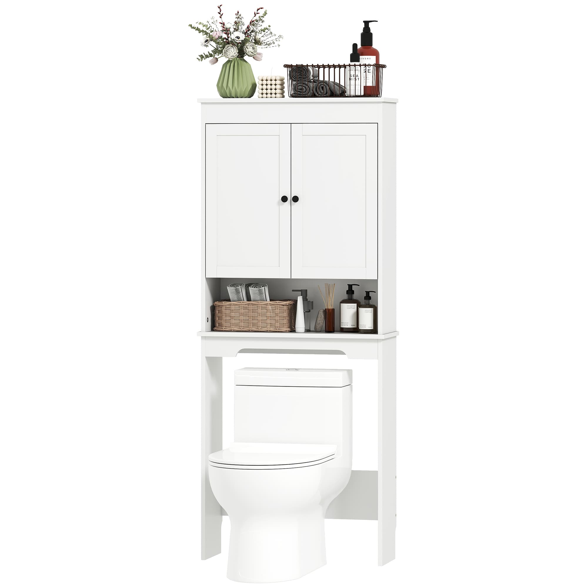 HOMCOM Mobile sopra WC avec 3 Étagères Fermées et Étagère Ouverte, en Bois, 65x22x161 cm, Blanc