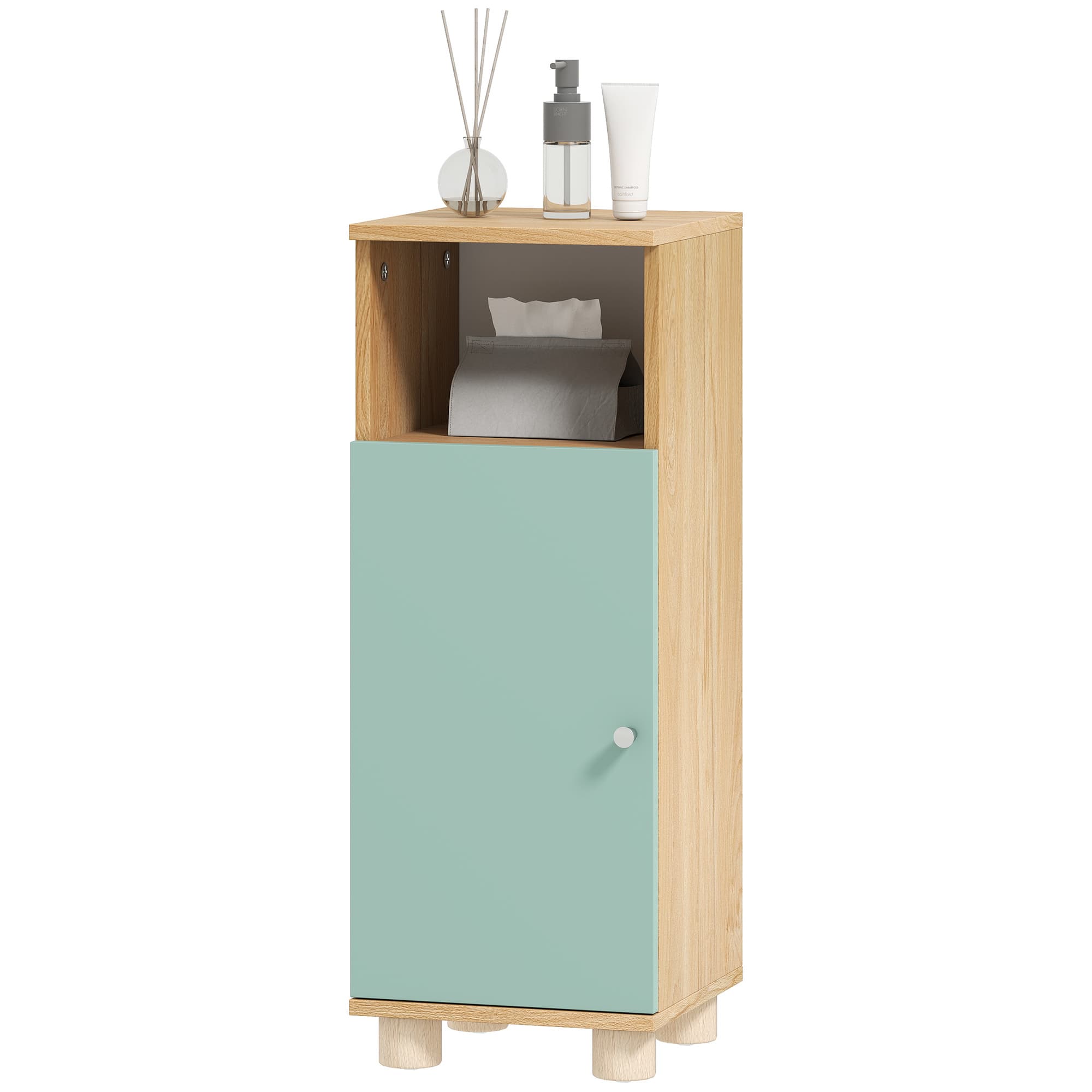 HOMCOM Meuble de salle de bain, meuble de rangement étroit avec placard à porte et compartiment ouvert, 30x30x80cm, vert