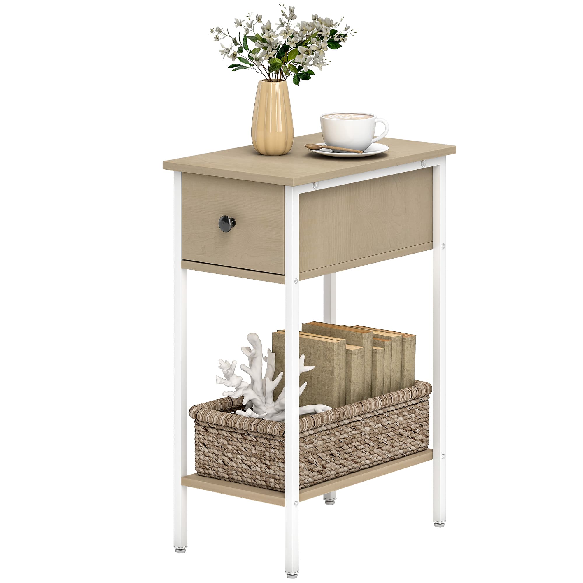 HOMCOM Table d'Appoint Étroite avec Tiroir Étagère Ouverte et Structure Métallique pour Salon Chambre 25x39,8x58,2 cm Naturel