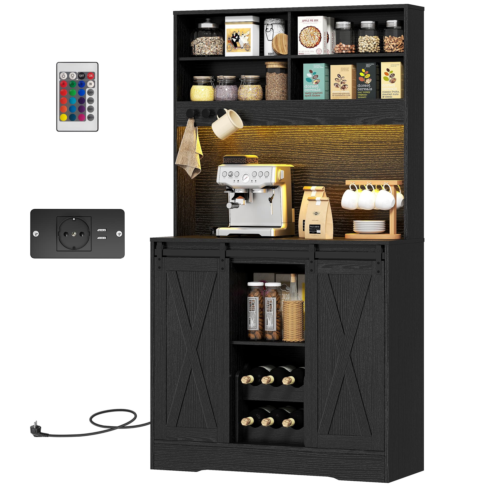 HOMCOM Buffet de Cuisine Haut Style Rustique avec 2 Armoires, Porte-Bouteilles, Prises de Recharge et Lumières LED, Noir
