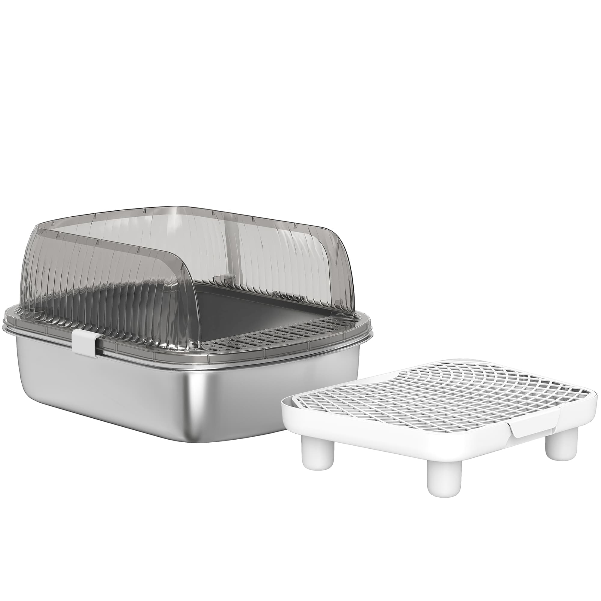PawHut Bac à Litière pour Chats Couvert avec Bac en Acier Inoxydable Bords Hauts Pelle Marche et Zone pour Chute de Litière Gris
