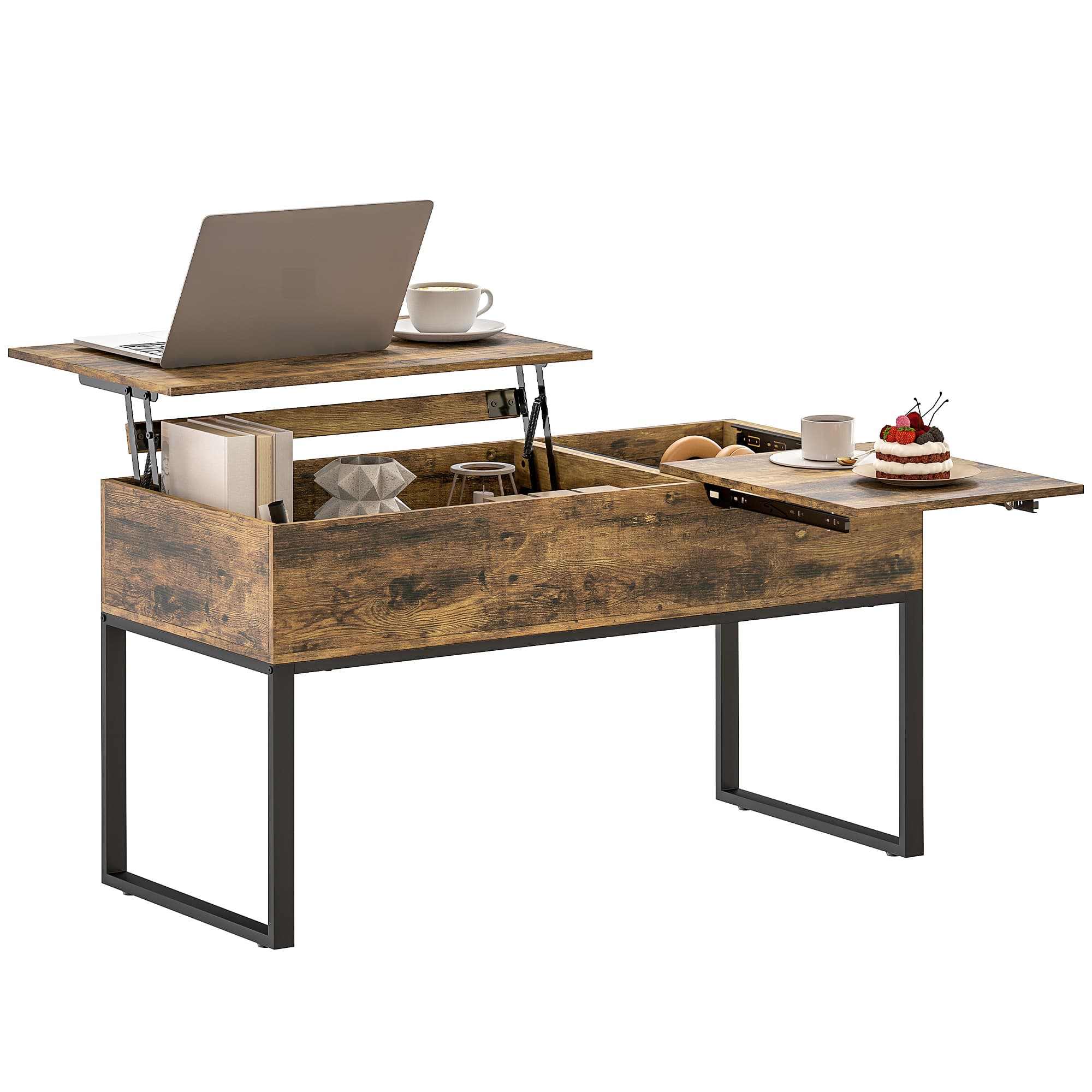 HOMCOM Table Basse Relevable avec Dessus Coulissant Fermeture Douce Espace Caché de Rangement 100x45x67 cm Marron Rustique