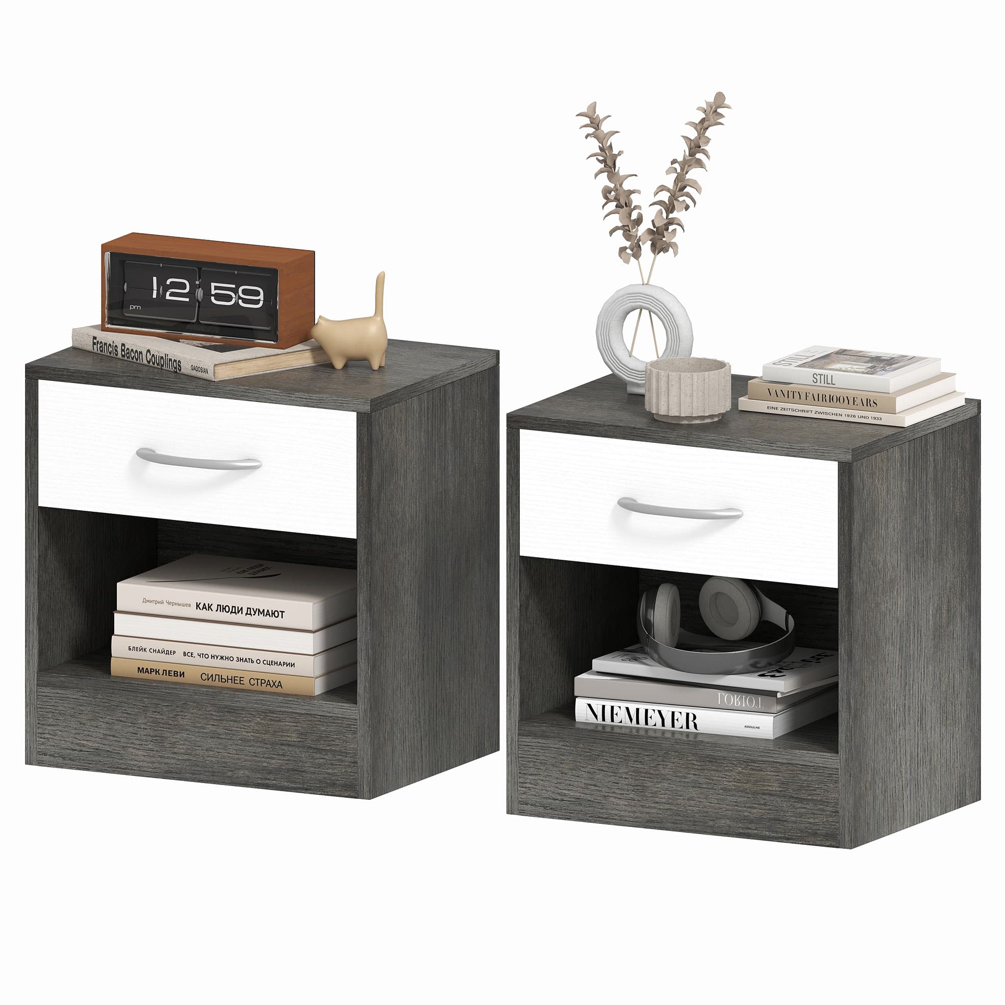 HOMCOM Set 2 Tables de Chevet Modernes avec Étagère Ouverte et Tiroir, en Bois, 39x28x41 cm, Blanc et Gris Foncé