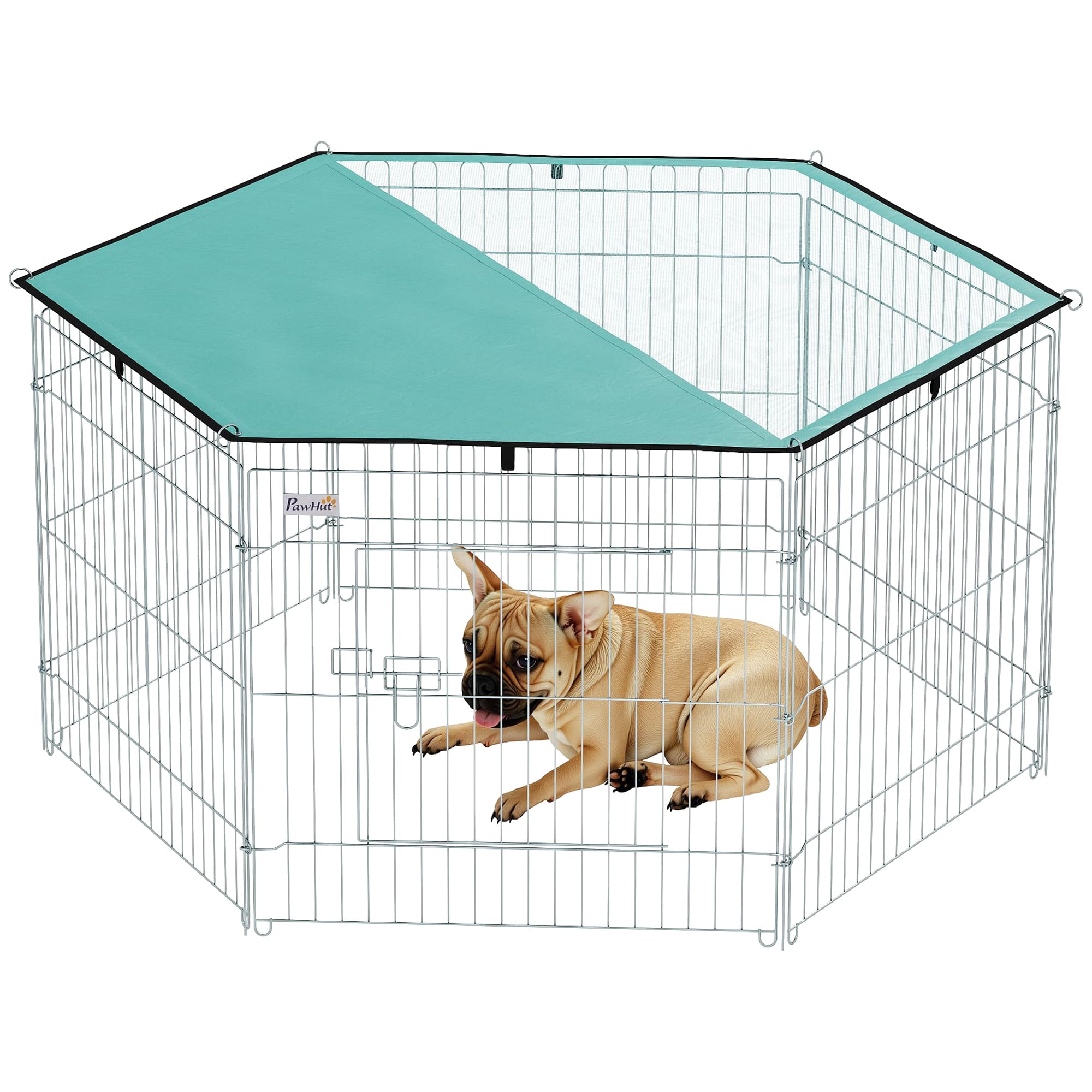 PawHut Parc enclos modulable acier 6 panneaux et 1 porte pour chiens lapins rongeurs petits animaux intérieur extérieur Ø 120 x 60 cm gris métal vert