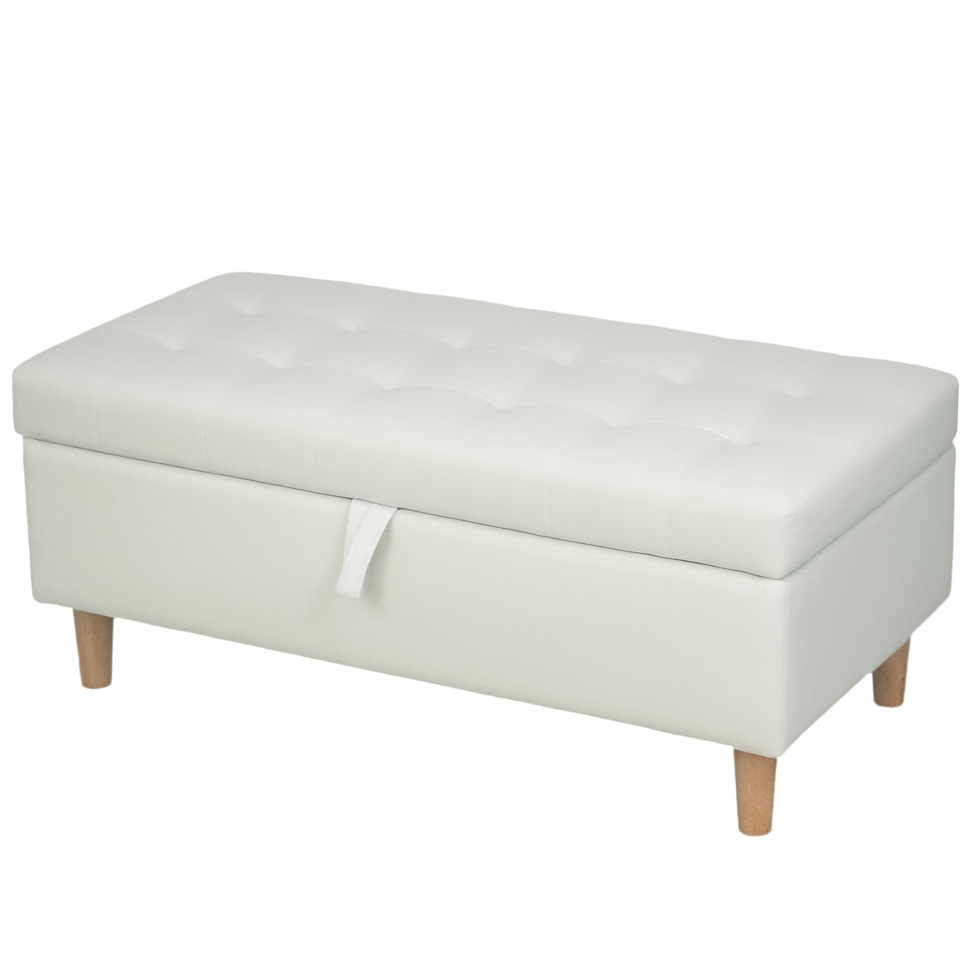HOMCOM Banc Pouf de Rangement, Pieds en Bois, Revêtement en Tissu Doux, Blanc Crème
