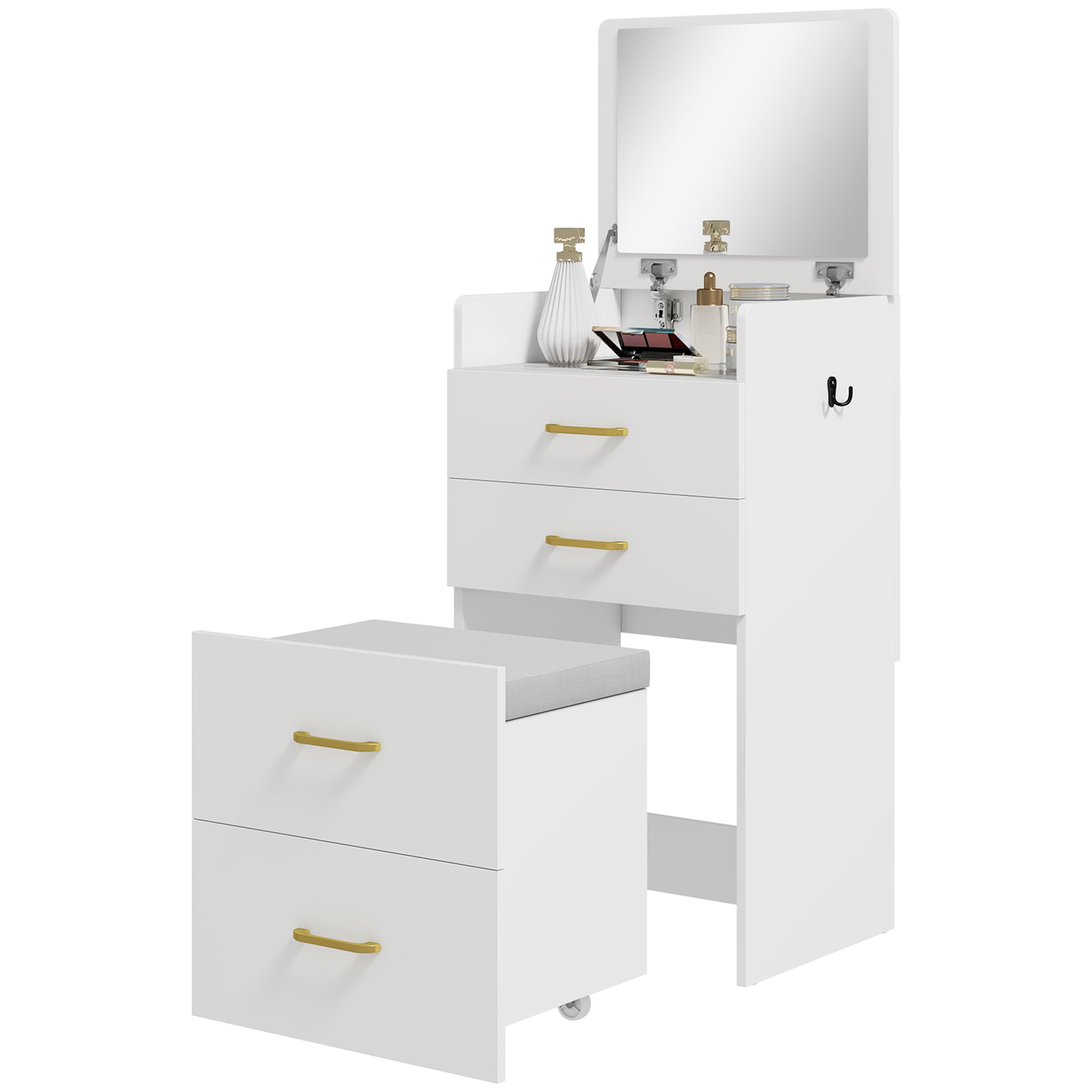 HOMCOM Coiffeuse 3-en-1 avec miroir, table de nuit, tabouret à roulettes, tiroirs, Blanc