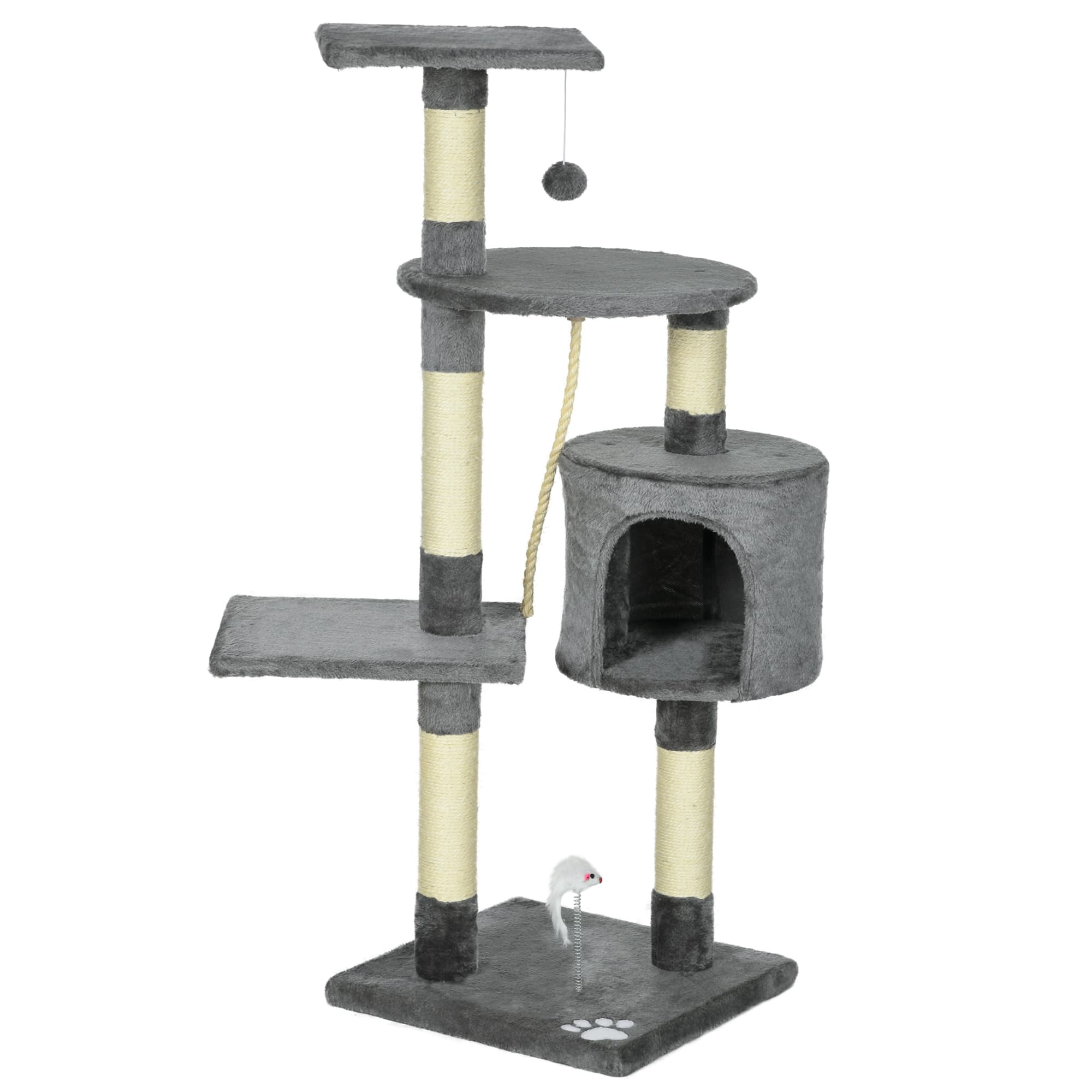 PawHut Griffoir pour Chats Hauteur 116 cm Arbre à Chats avec Poteaux de Sisal Cabane Plateformes et Jouets Gris Foncé