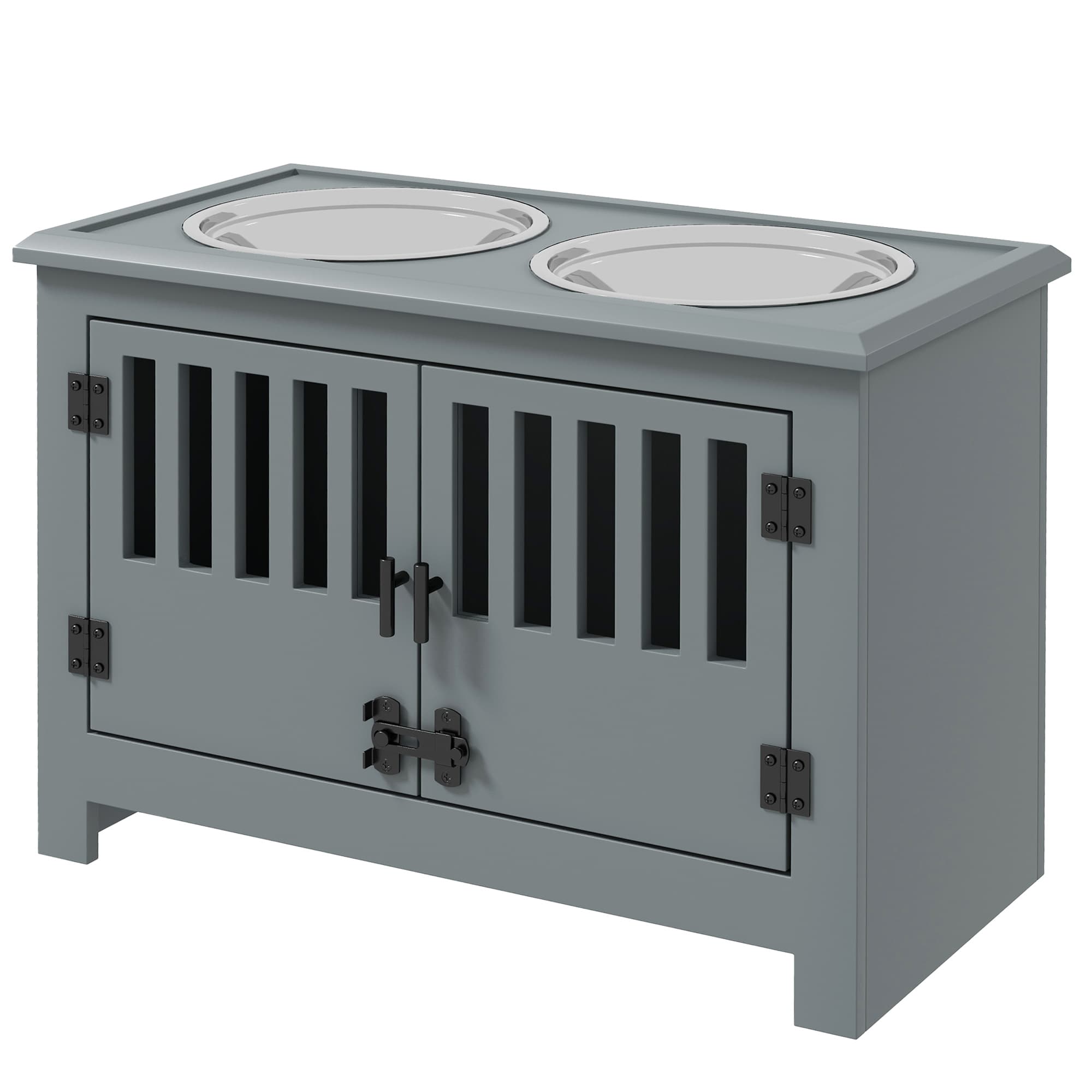 PawHut Station d'alimentation surélevée pour grands chiens, 2 bols en acier inoxydable, espace de rangement, 35,5x60x30 cm, Gris