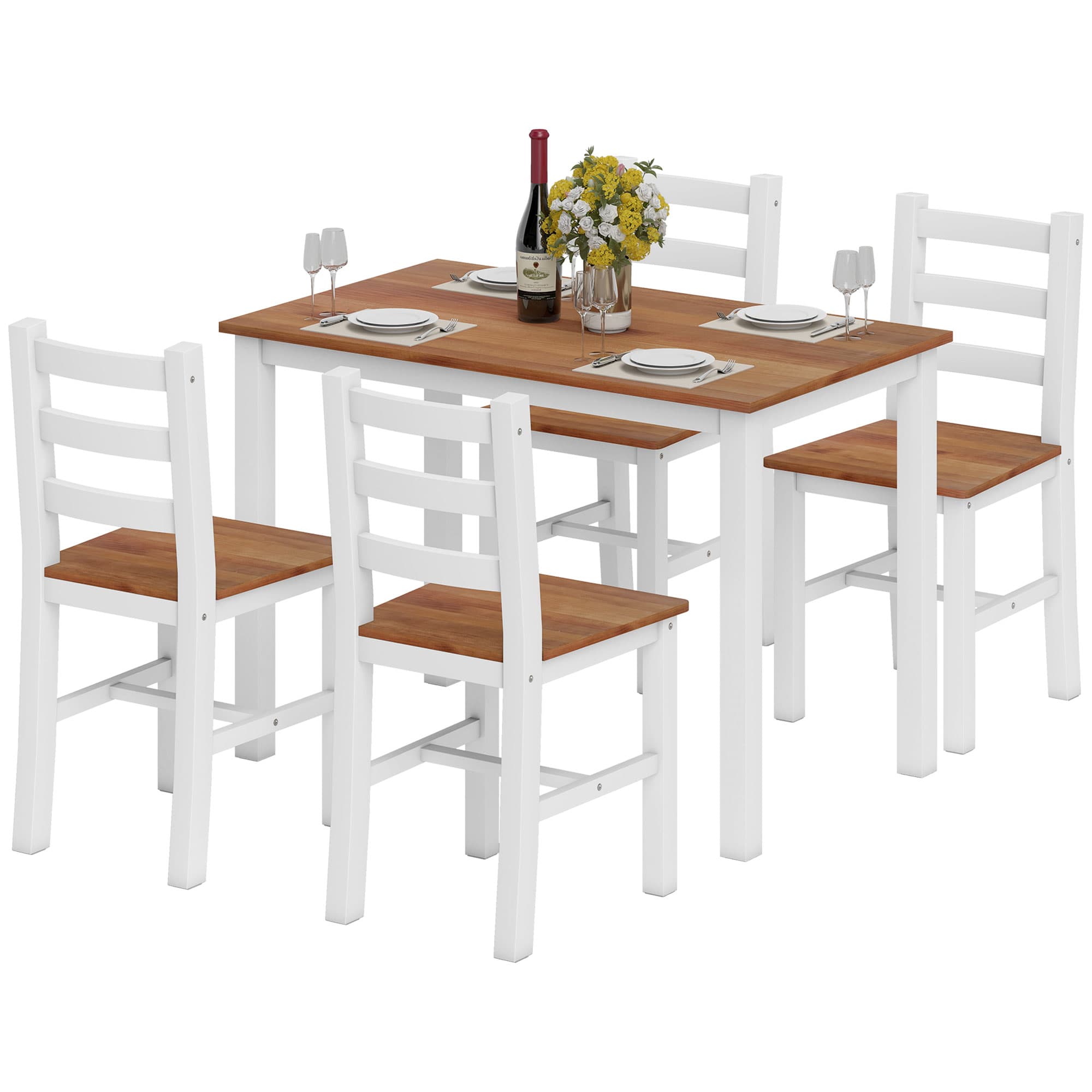 HOMCOM Ensemble de salle à manger, Table à manger, 4 chaises, Ensemble de salle à manger, Bois de pin, Marron+Blanc