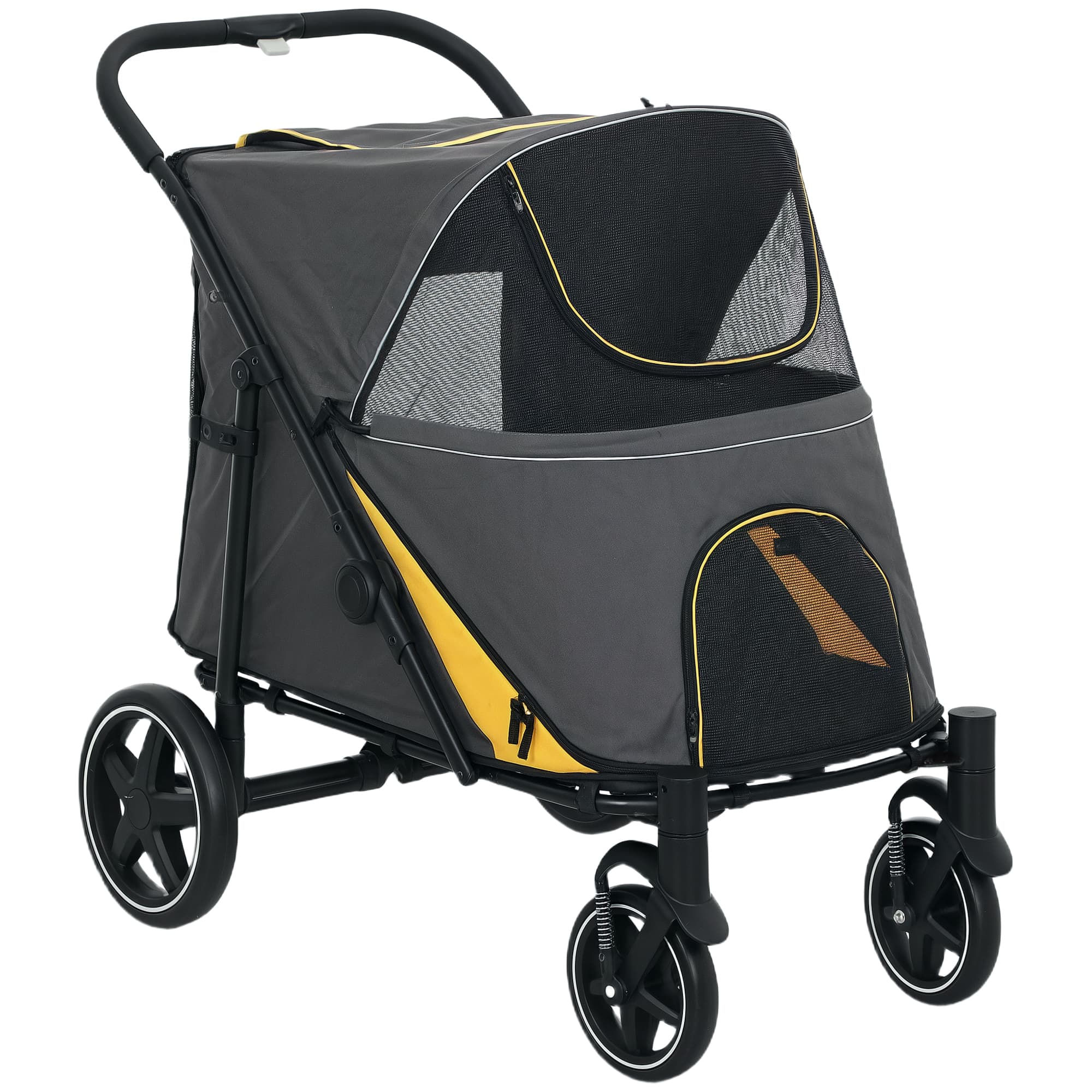 PawHut Chariot pour chiens pliable, système à un clic, pliable, 2 sangles de sécurité, Gris foncé