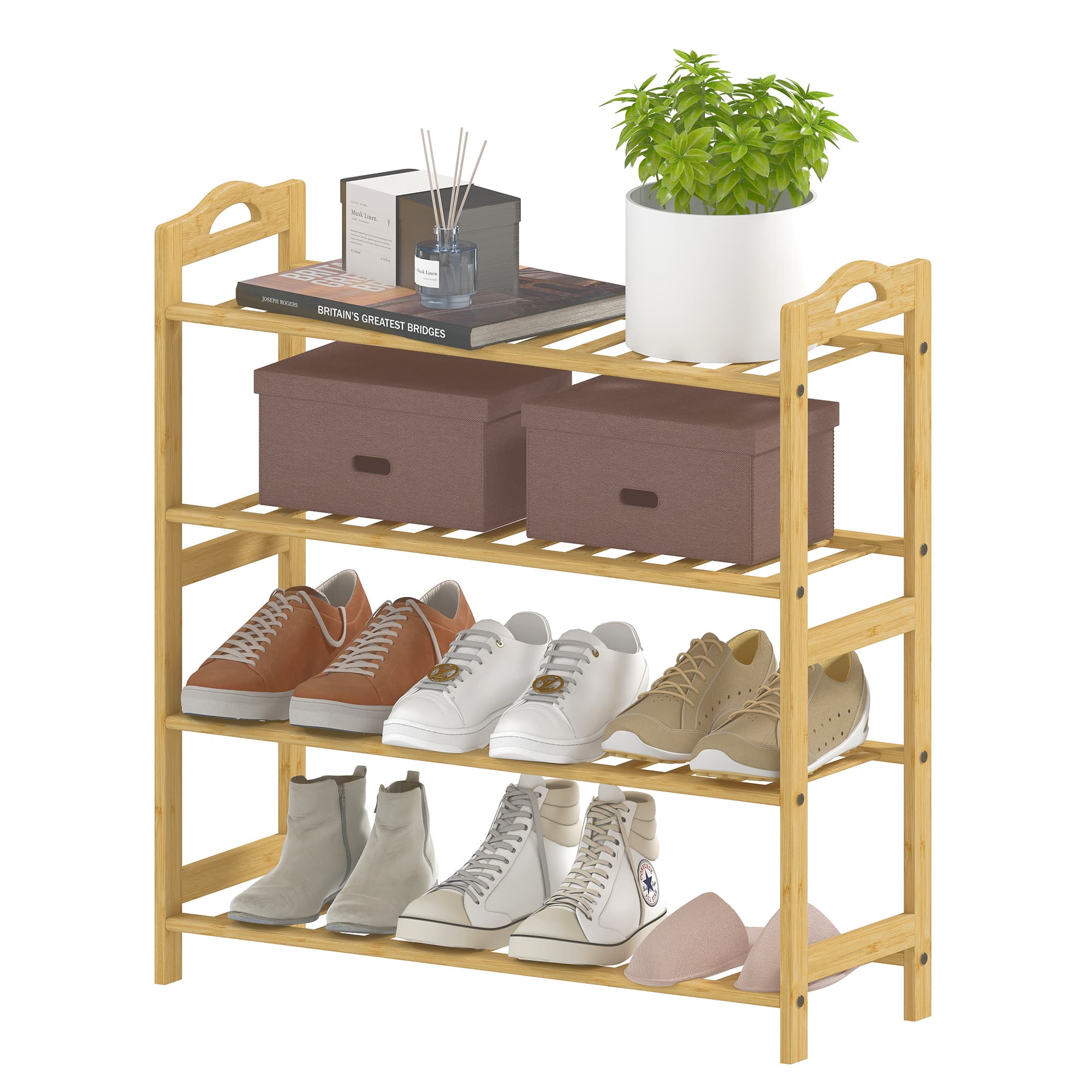 HOMCOM Étagère à chaussures en bambou à 4 niveaux porte-chaussures capacité 12 paires, 67,5 x 24,7 x 72 cm, effet bois naturel