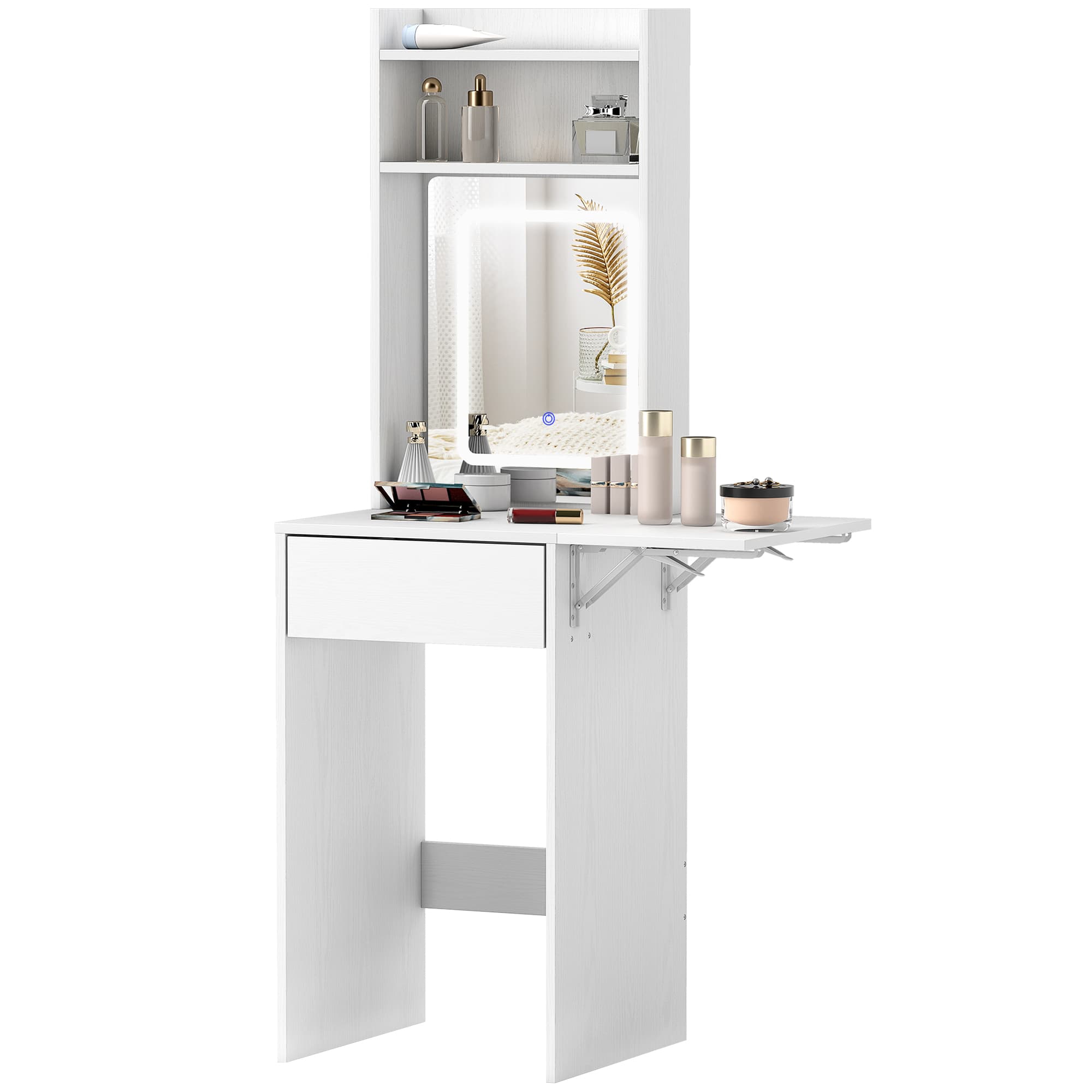 HOMCOM Coiffeuse Compacte avec Miroir et Éclairage LED, Plateau Pliable, Étagères Ouvertes, Tiroir, MDF, Blanc