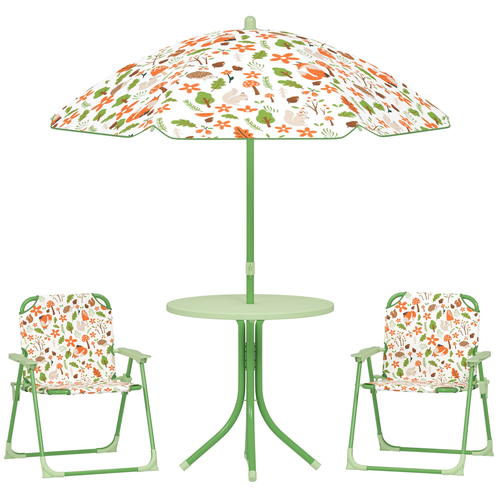 AIYAPLAY Ensemble salon de jardin extérieur enfant 4 pièces, motif éléphant et girafe, parasol réglable Ø 100 cm, chaise pliable