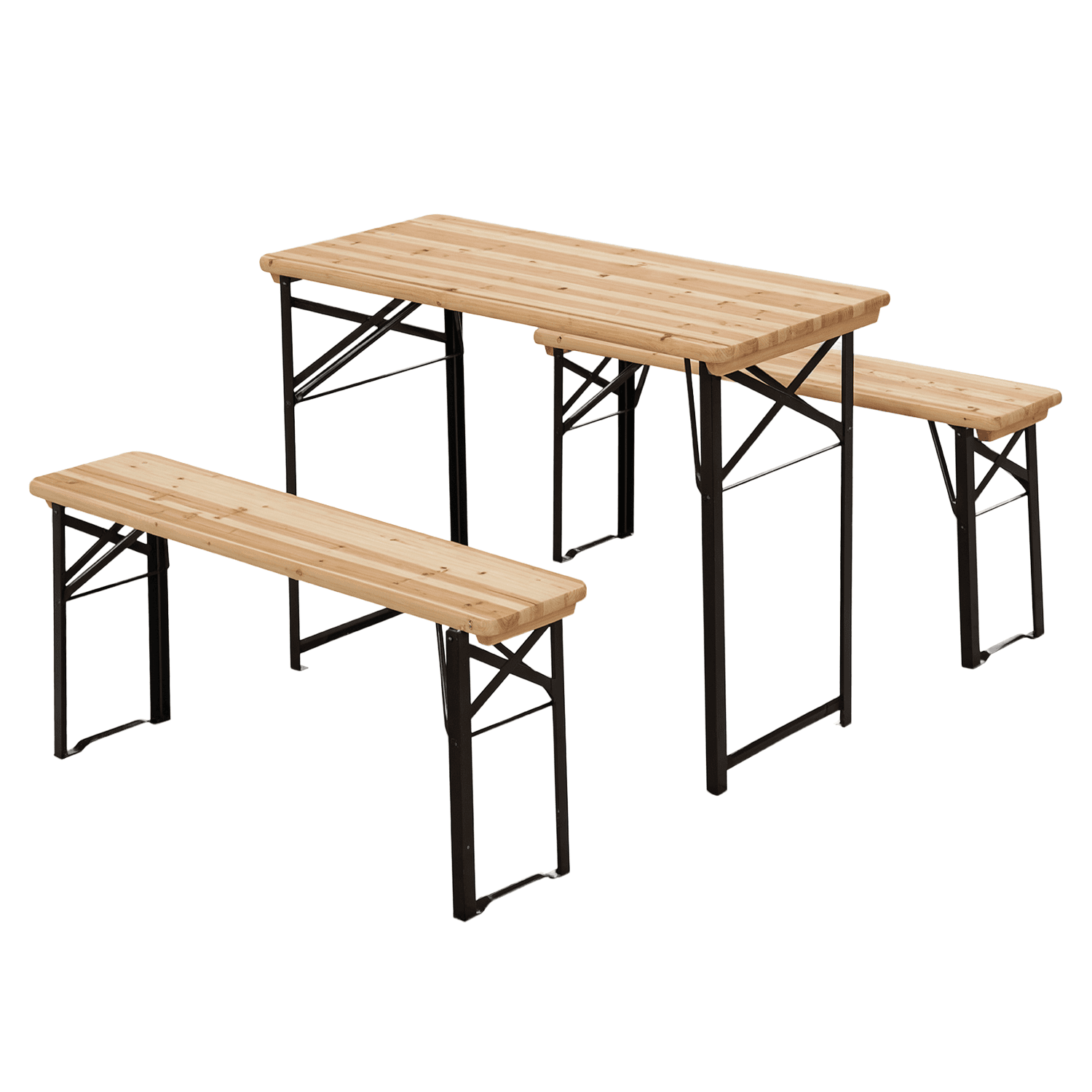 Outsunny Table de Camping Pique-Nique Pliable Portable + 2 bancs Pliables métal époxy Noir Bois Massif Sapin