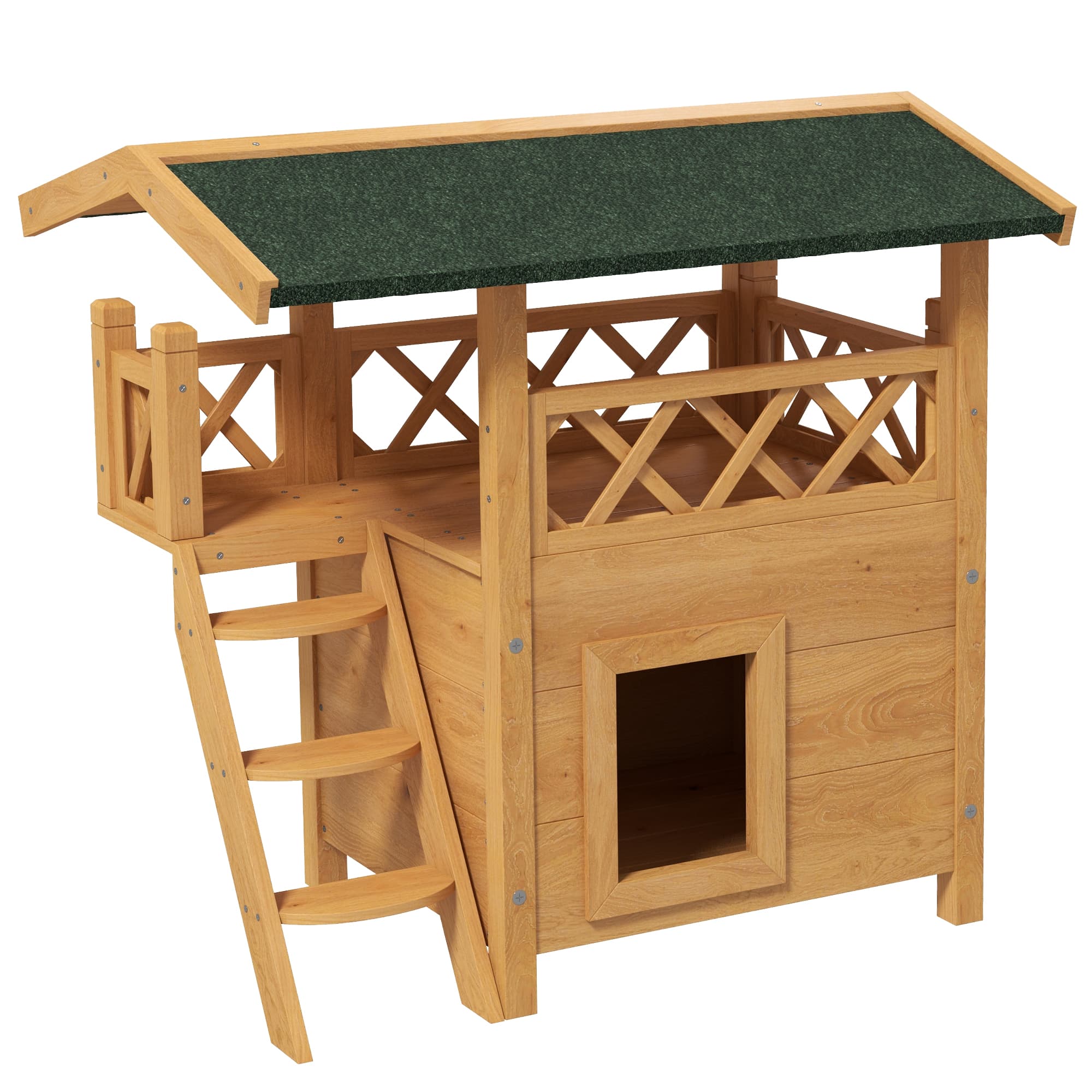 PawHut Maison lodge pour chats sauvage errants avec terrasse escalier 77 x 50 x 73 cm bois naturel et vert