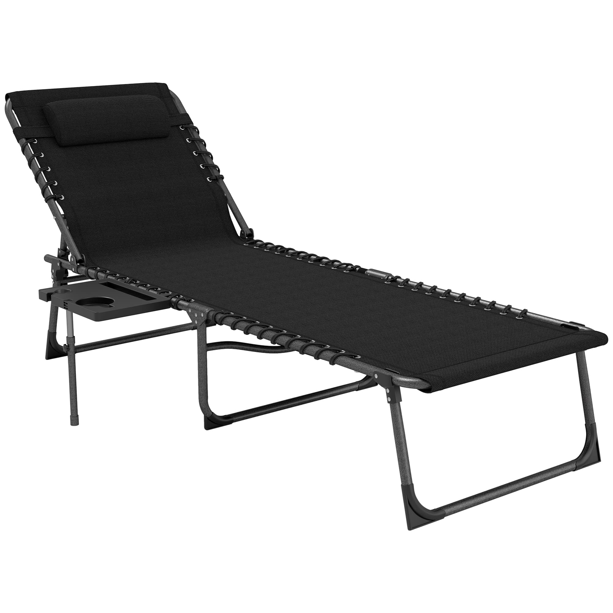 Outsunny Bain de soleil pliante dossier réglable sur 5 niveaux, plateau, appuie-tête, poche latérale 60 x 190 x 31 cm, noir