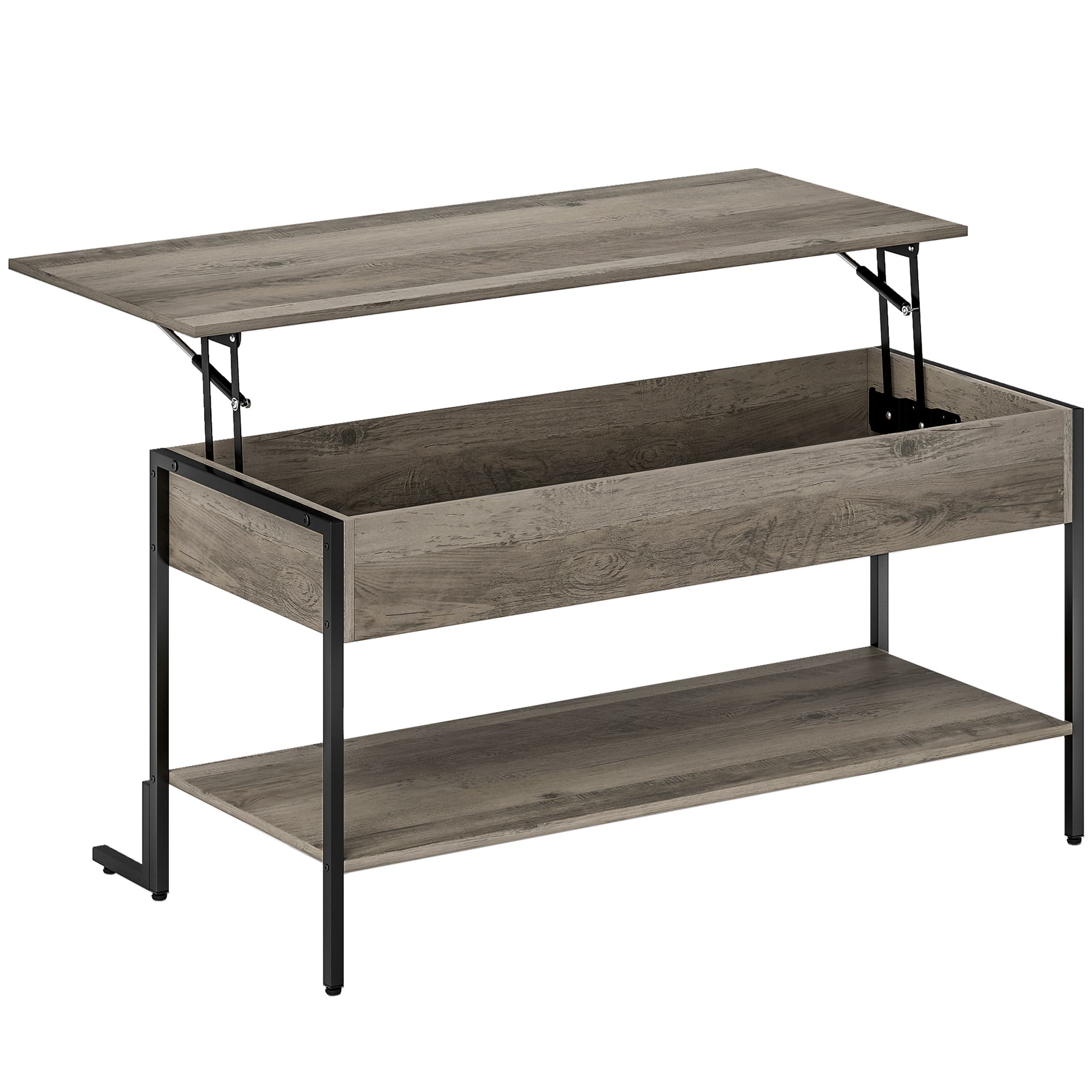 HOMCOM Table basse avec plateau relevable, table de salon avec compartiment caché et étagère ouverte, 95x40x59cm, gris