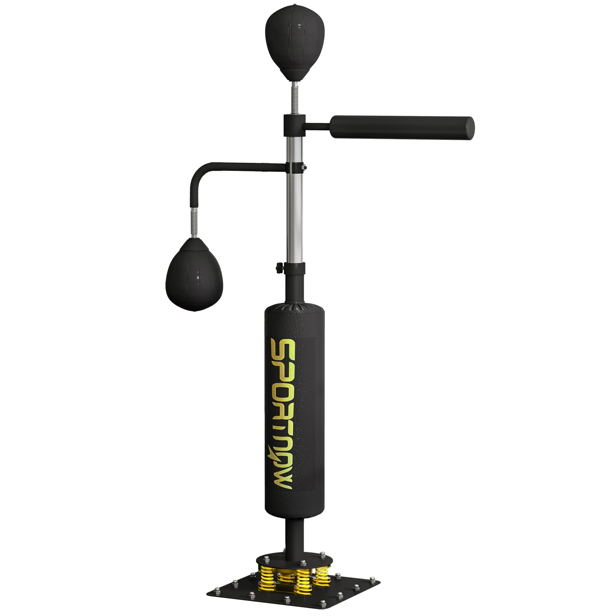 SPORTNOW Sac de boxe autoportant, deux ballons de vitesse, barre de boxe pivotante, coussin de coup de pied, réglable en hauteur, acier, 84 x 36 x 140-205 cm, Noir
