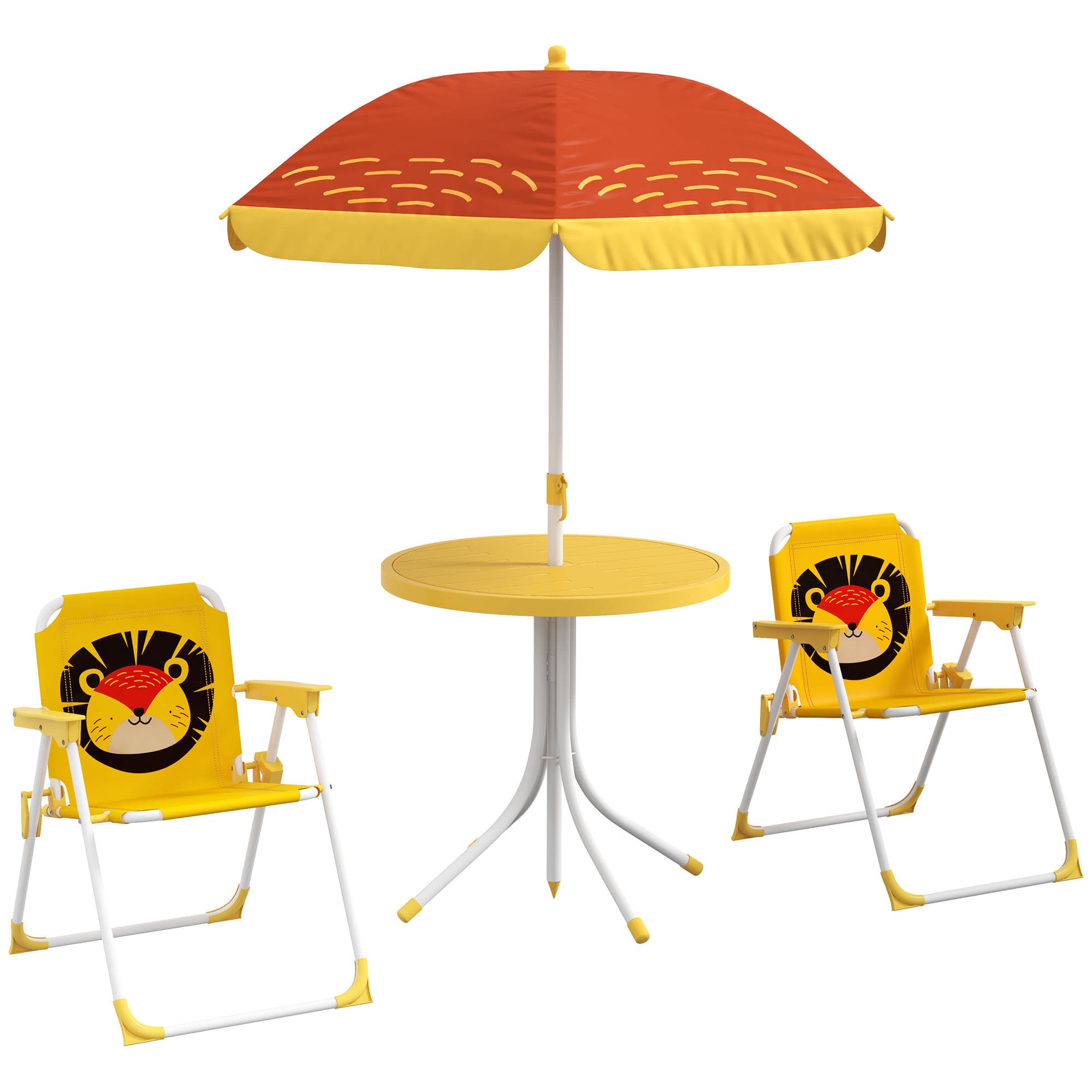 Outsunny Ensemble salon de jardin enfant 4 pièces motif du lion avec parasol réglable Ø 100 cm chaise pliable jaune
