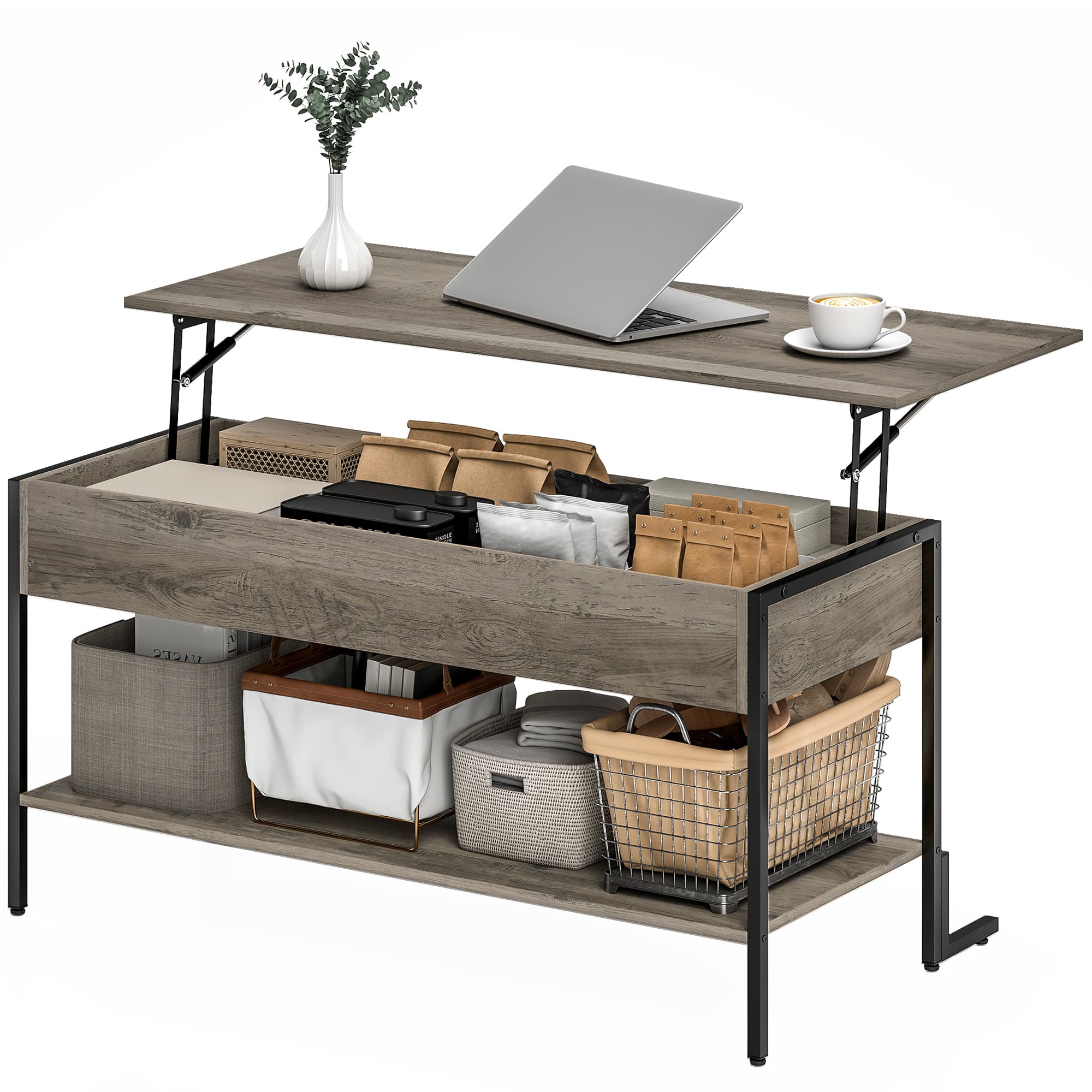 HOMCOM Table basse avec plateau relevable, table de salon avec compartiment caché et étagère ouverte, 95x40x59cm, gris