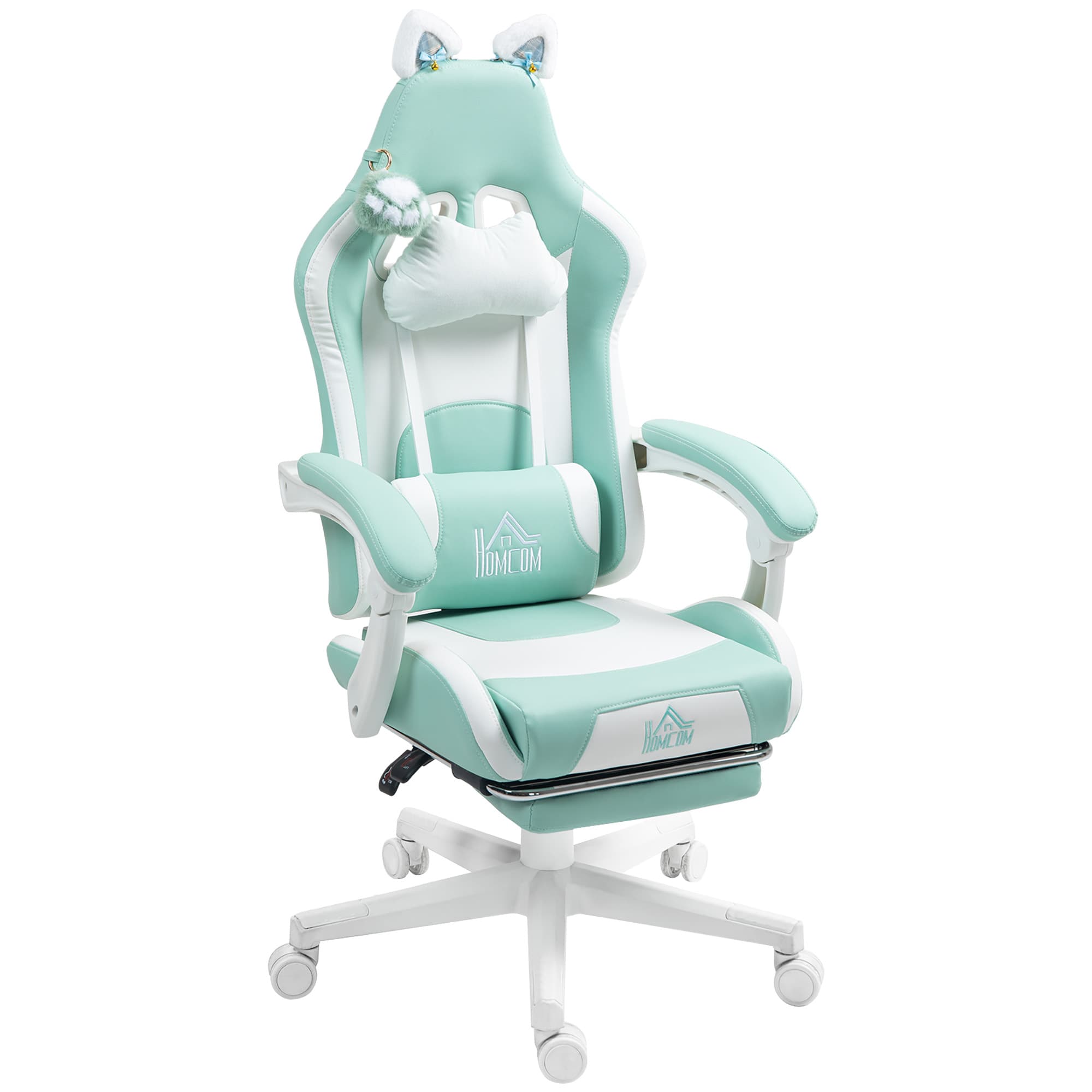 HOMCOM Chaise de Jeu Inclinable avec Repose-Pieds et Coussins, en Similicuir et Éponge, 65x62x116-124 cm, Blanc et Bleu