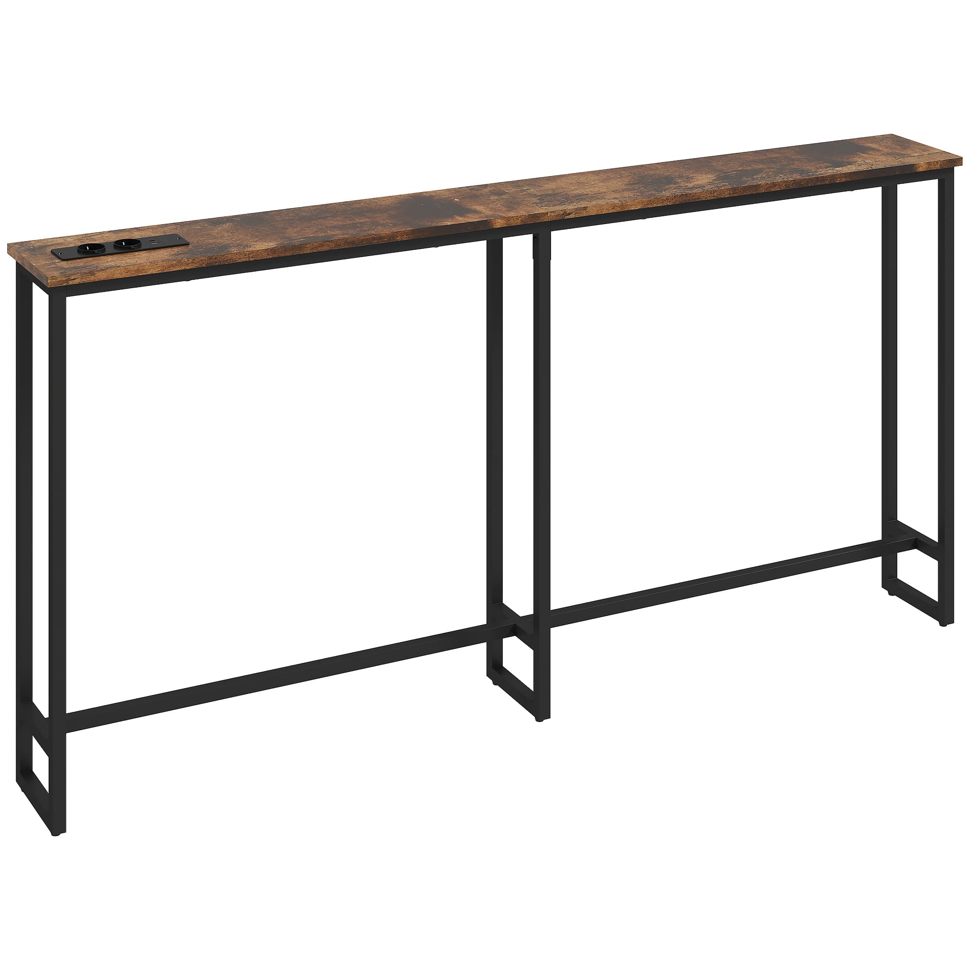 HOMCOM Table console étroite style industriel avec prises de courant et USB, pour salon entrée couloir, 160x20x80cm, marron