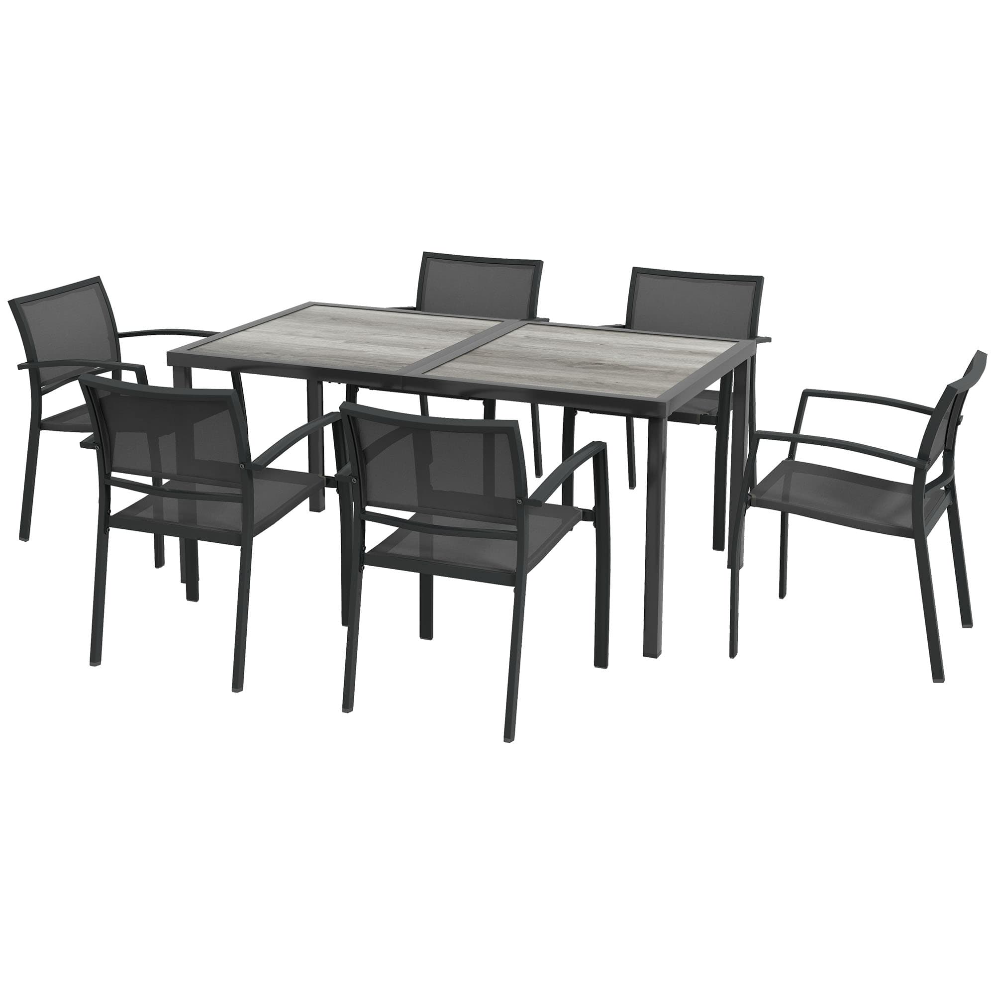 Outsunny Ensemble salle à manger de jardin 7 pièces avec 1 table et 6 chaises empilables en métal époxy textilène gris