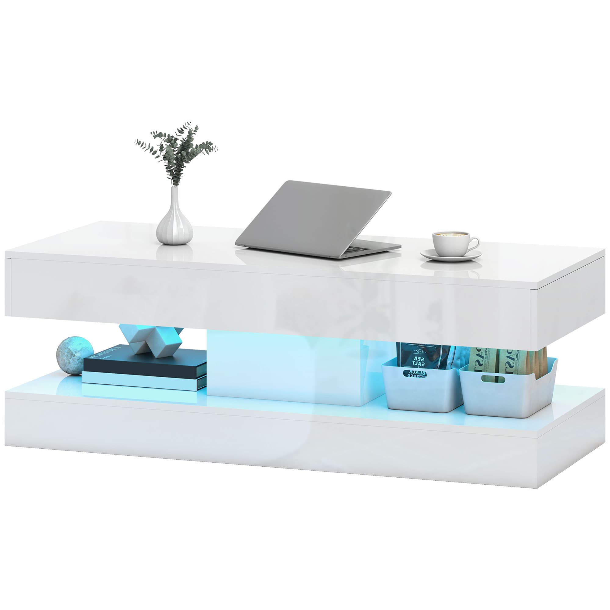 HOMCOM Table de Salon avec Tiroirs et Lumières LED, Table de Café Moderne avec Étagère Ouverte, Table Basse, Panneau de Particules, Blanc