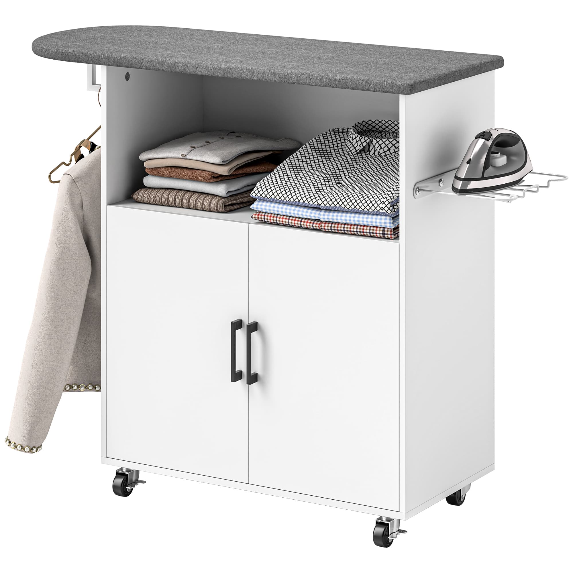 HOMCOM Table à Repasser Mobile avec Armoire à 2 Portes et Espace Ouvert, 125x43.5x102.5 cm, Blanc