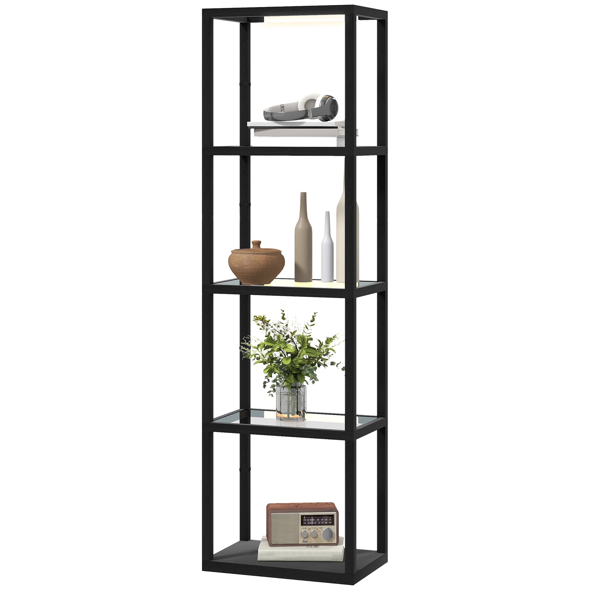 HOMCOM Lampadaire LED avec étagère à 4 niveaux, Étagère lumineuse avec 4 étagères en verre, Interrupteur au pied, MDF, Noir