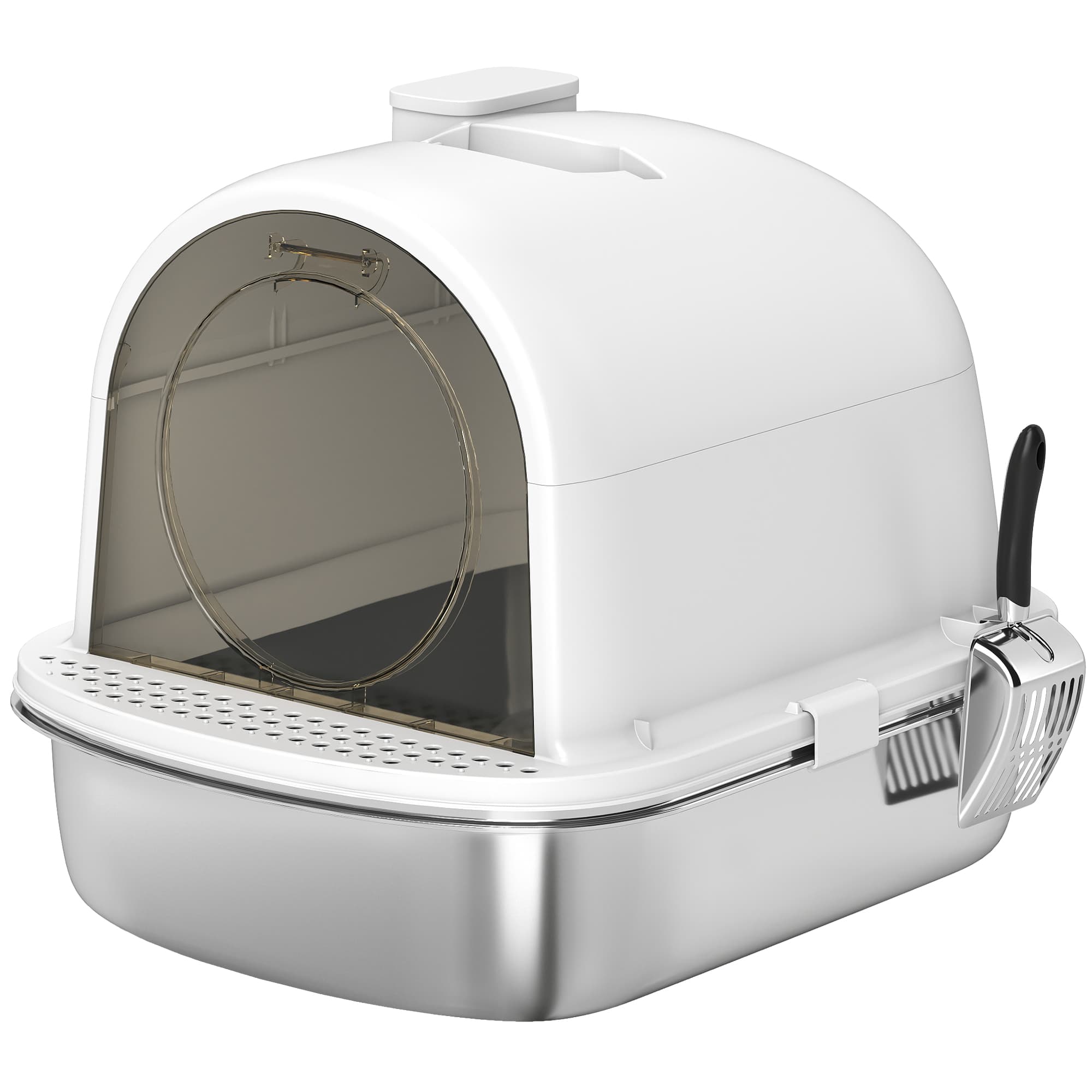 PawHut Maison de toilette pour chat bac à litière fermé bac acier inoxydable, nettoyage facile, 52,4 x 41,3 x 39,9 cm, blanc
