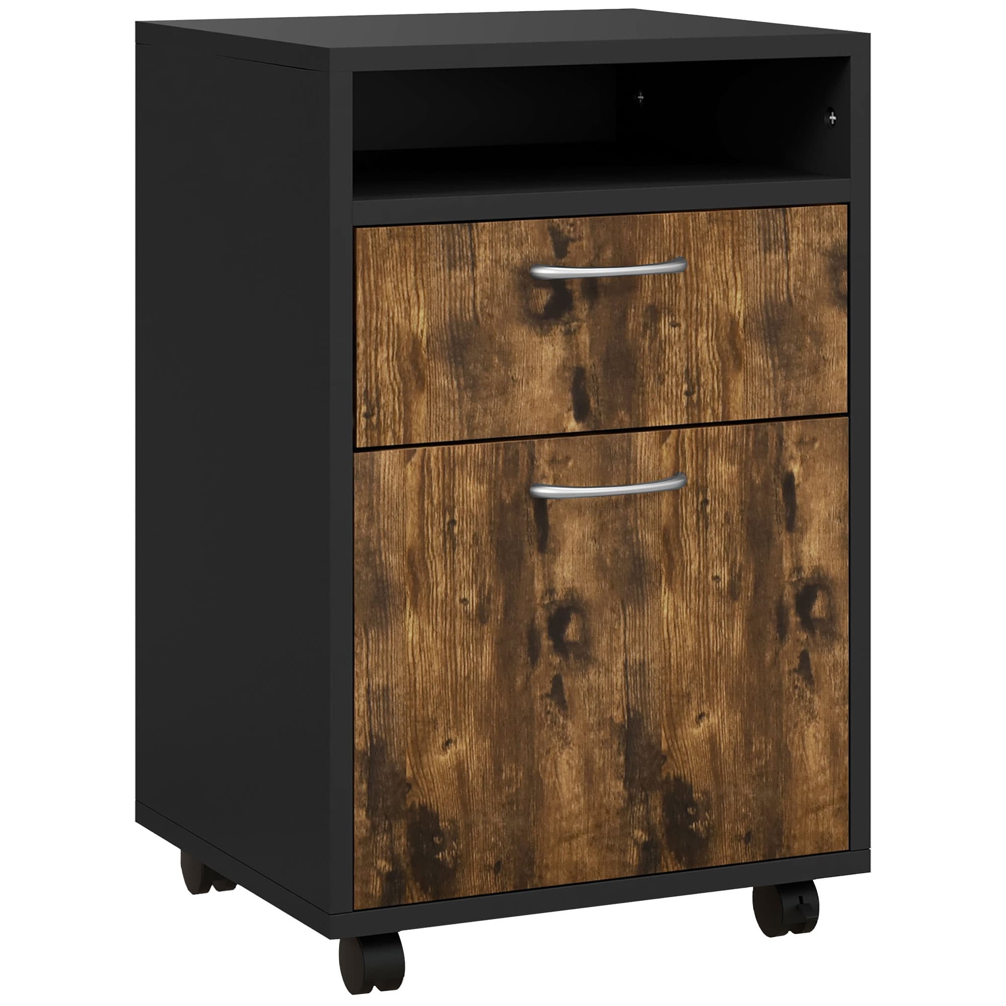 HOMCOM Caisson de bureau à roulettes avec tiroir placard niche pour documents et dossier suspendu 40 x 35 x 60 cm brun rustique