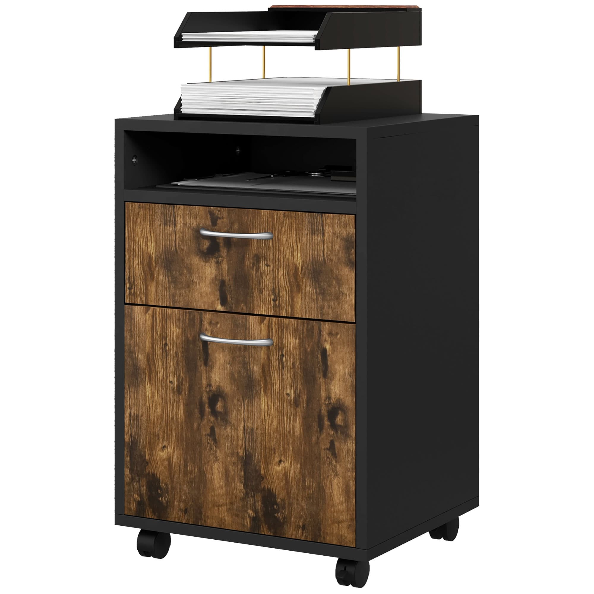 HOMCOM Caisson de bureau à roulettes avec tiroir placard niche pour documents et dossier suspendu 40 x 35 x 60 cm brun rustique