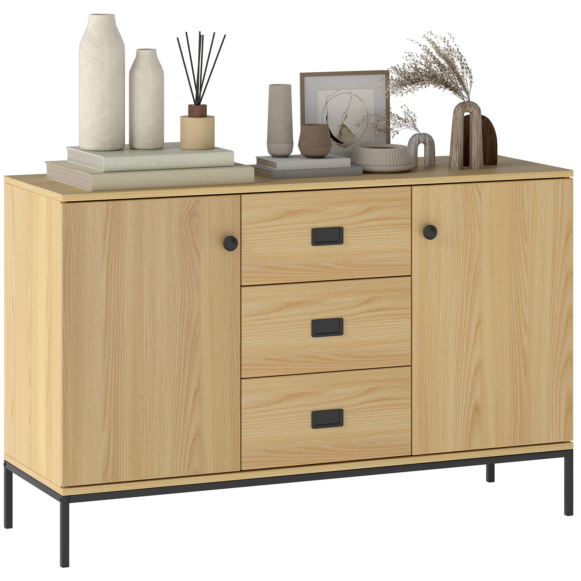 HOMCOM Buffet Meuble de rangement 2 placards étagère réglable 3 tiroirs style contemporain - dim. 120L x 39,5l x 77H cm Aosom France