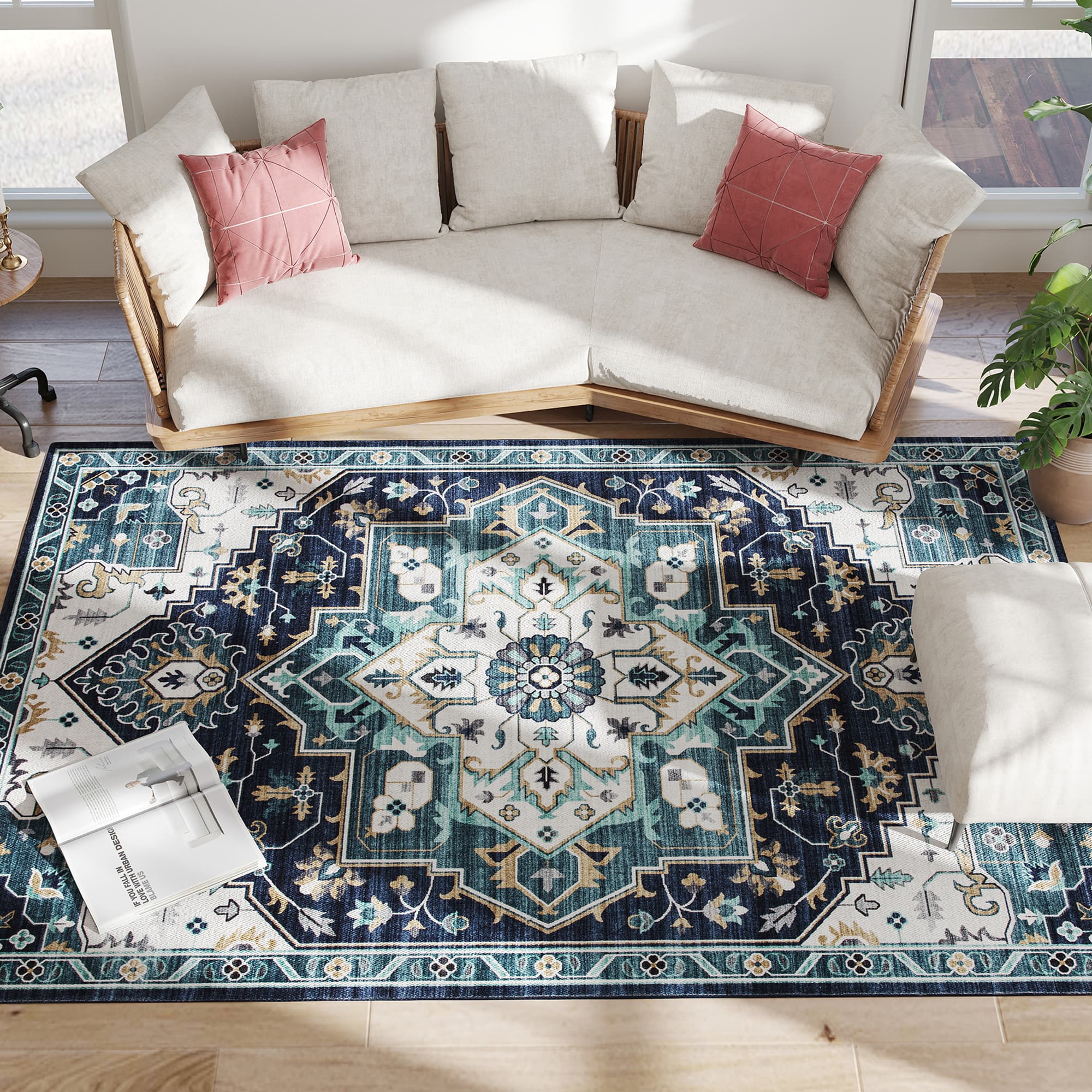 HOMCOM Tapis Boho Antidérapant et Lavable à Poil Court pour Salon et Chambre, 230x160 cm, Multicolore