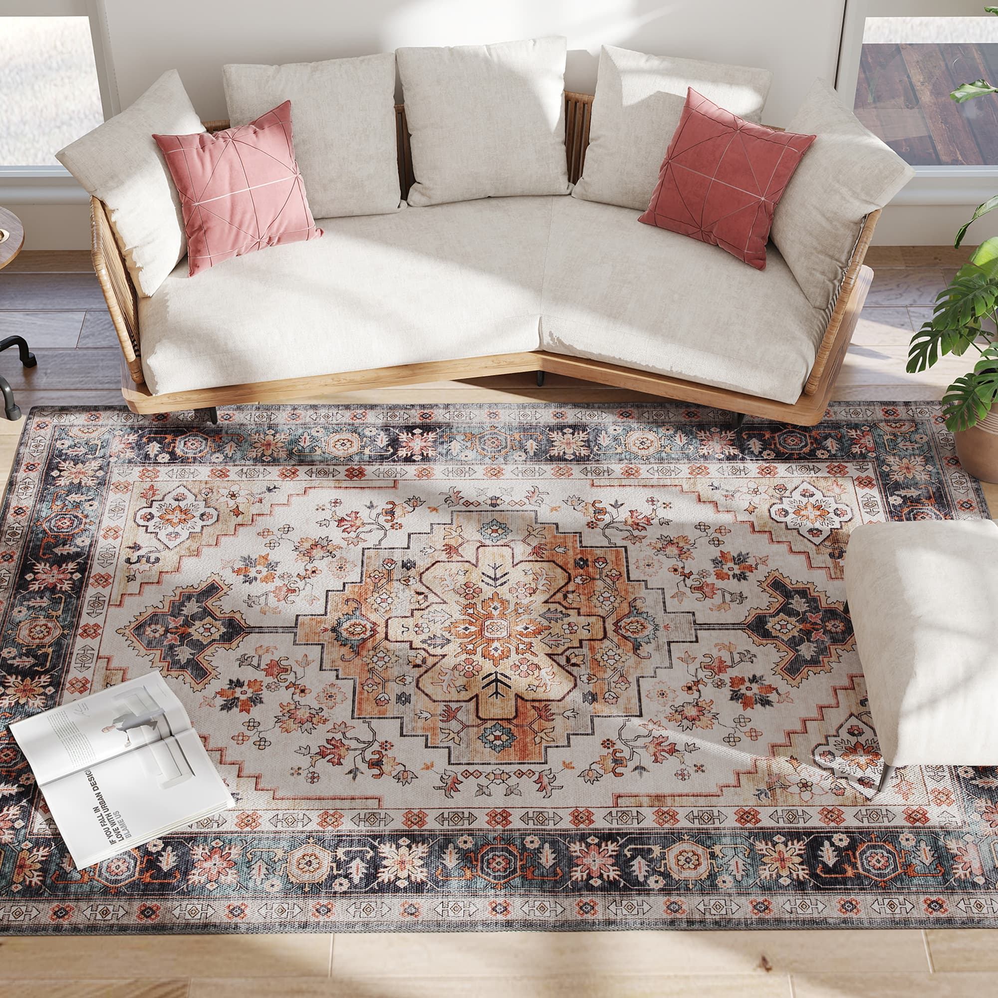 HOMCOM Tapis Bohémien Antidérapant et Lavable à Poils Courts pour Salon et Chambre, 230x160 cm, Marron