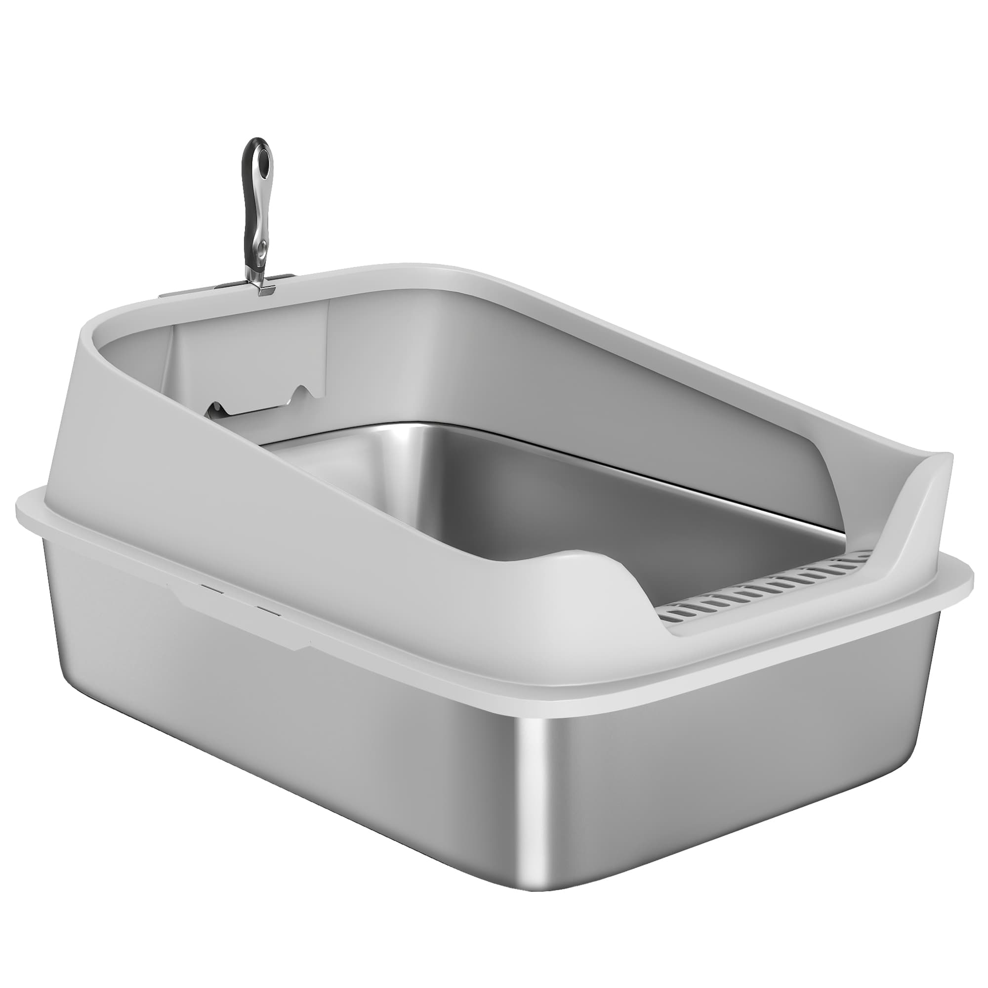 PawHut Litière pour Chats en Acier Inoxydable XXL avec Bord Haut Pelle Facile à Nettoyer Étanche 70x50x30 cm Gris