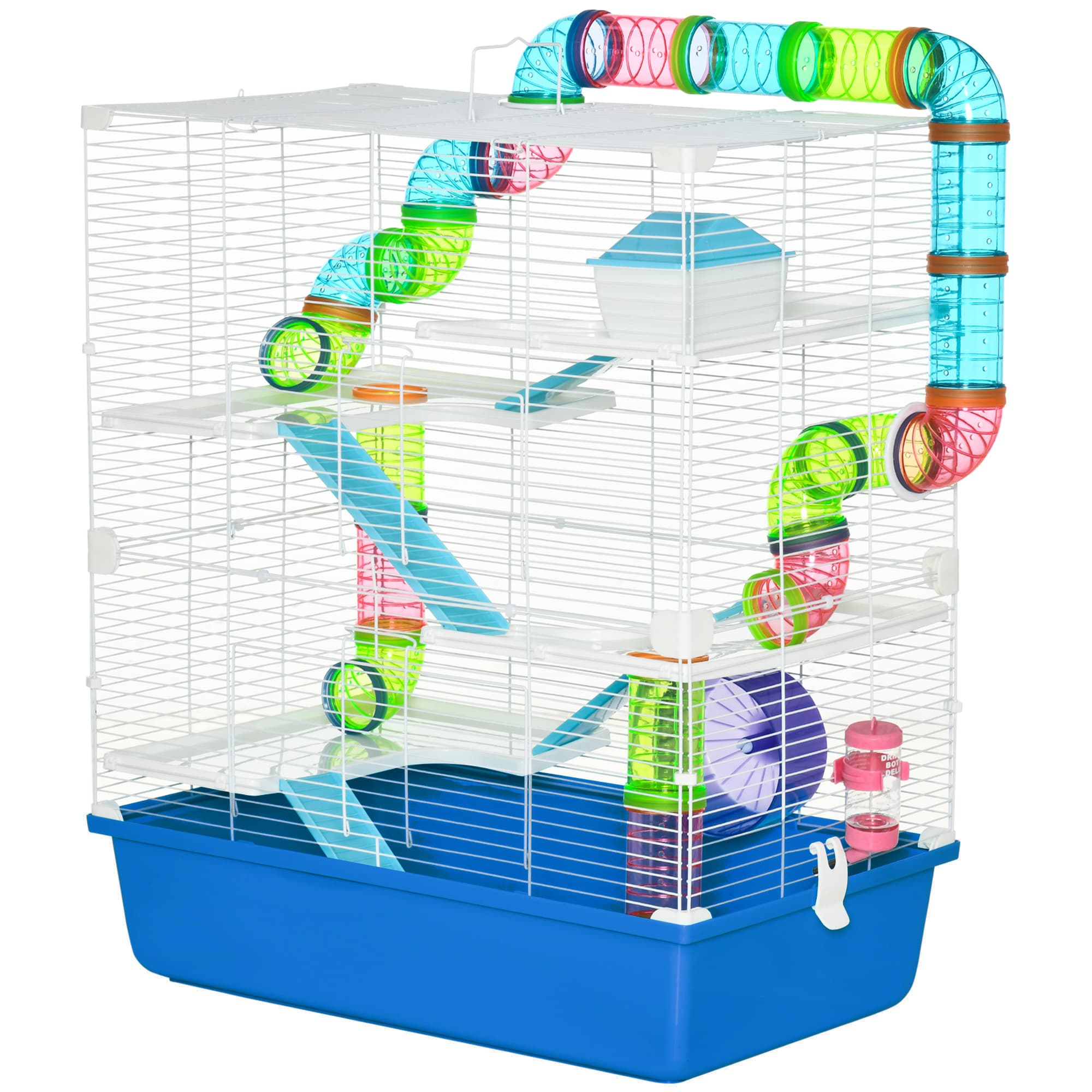 PawHut Cage pour Hamster avec Tunnel Plates-Formes Bol Abreuvoir Cabane Rampes et Roue d'Exercice 59x36x69 cm Bleu