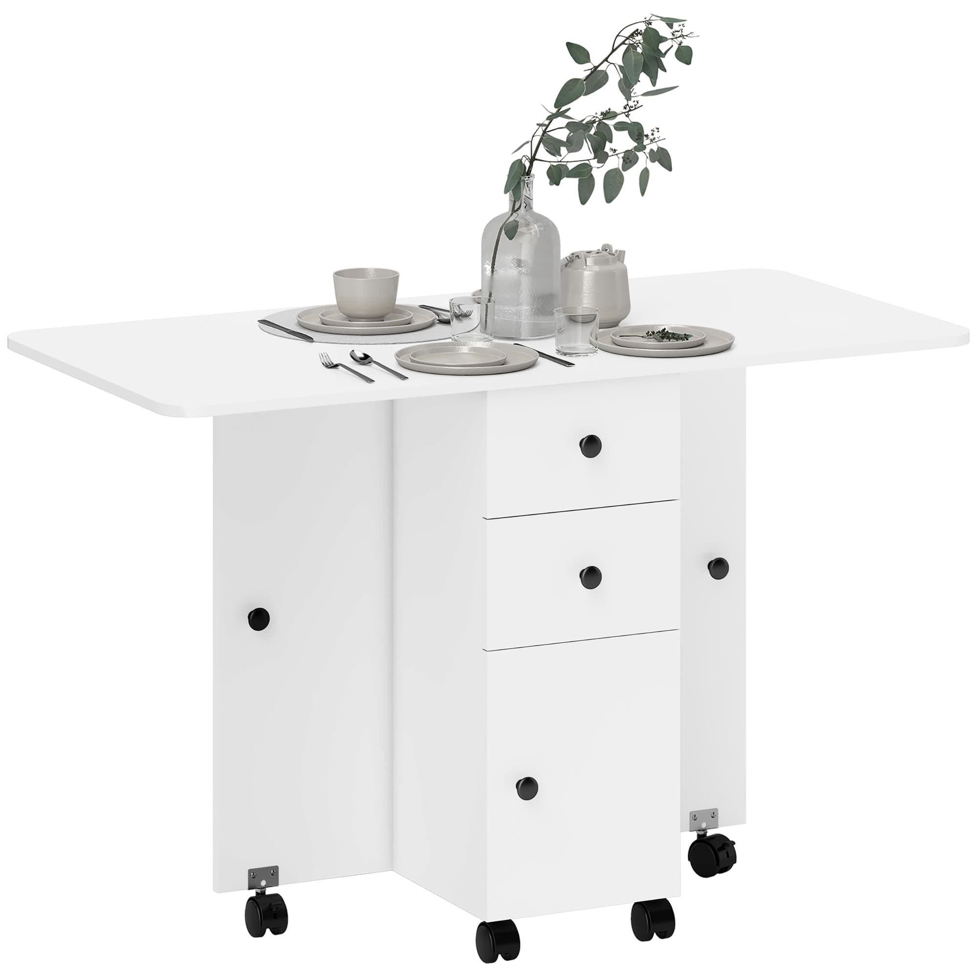 HOMCOM Table de cuisine pliable table à manger pliante 2 plateaux rabattables avec 2 tiroirs 1 placard 1 étagère de rangement